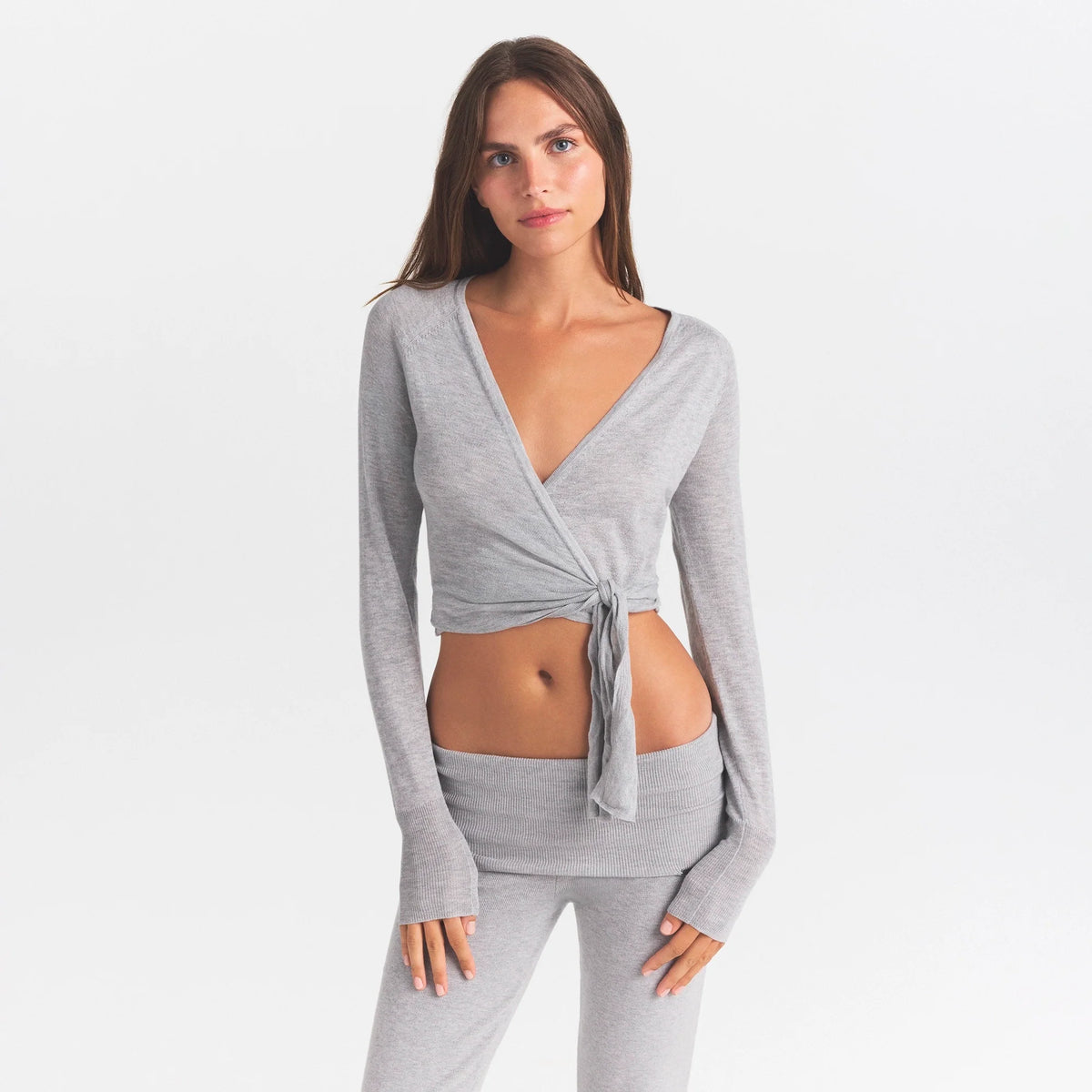 ESSENTIAL KNIT WRAP SWEATER | MID HEATHER GREY & LAYS FLAT ON A WHITE BACKGROUND | FLT