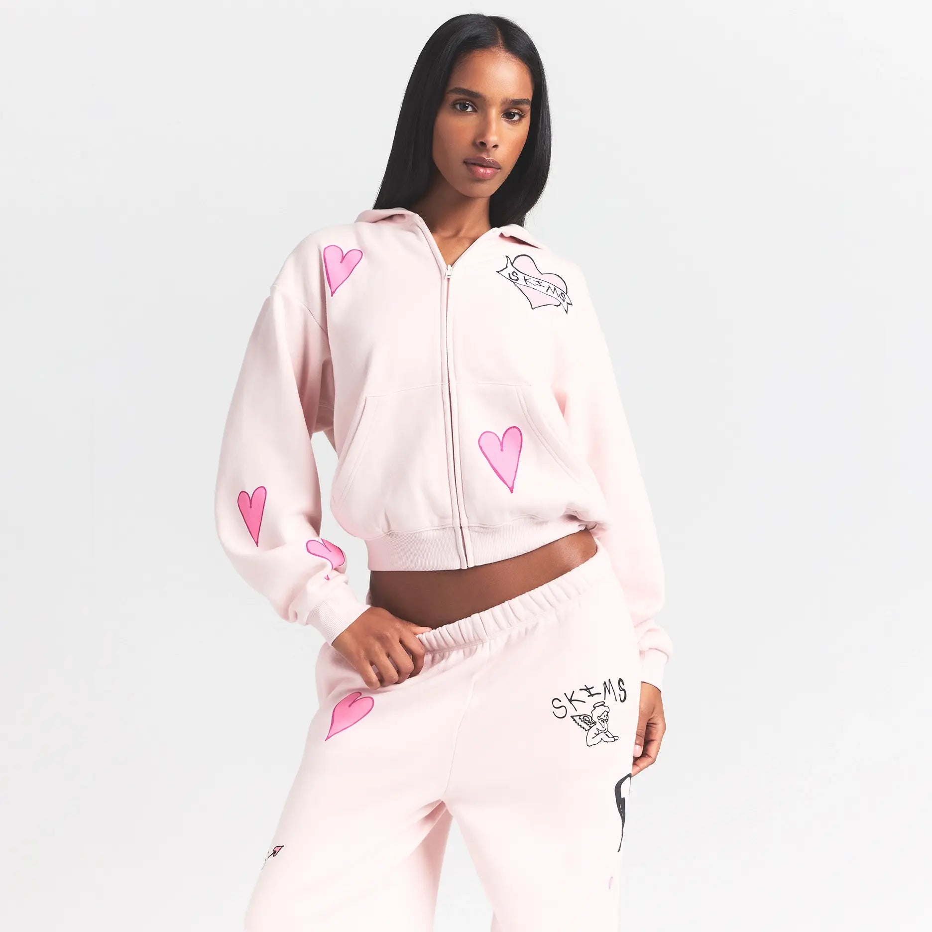 COTTON FLEECE CLASSIC ZIP UP HOODIE | BARELY PINK HEART