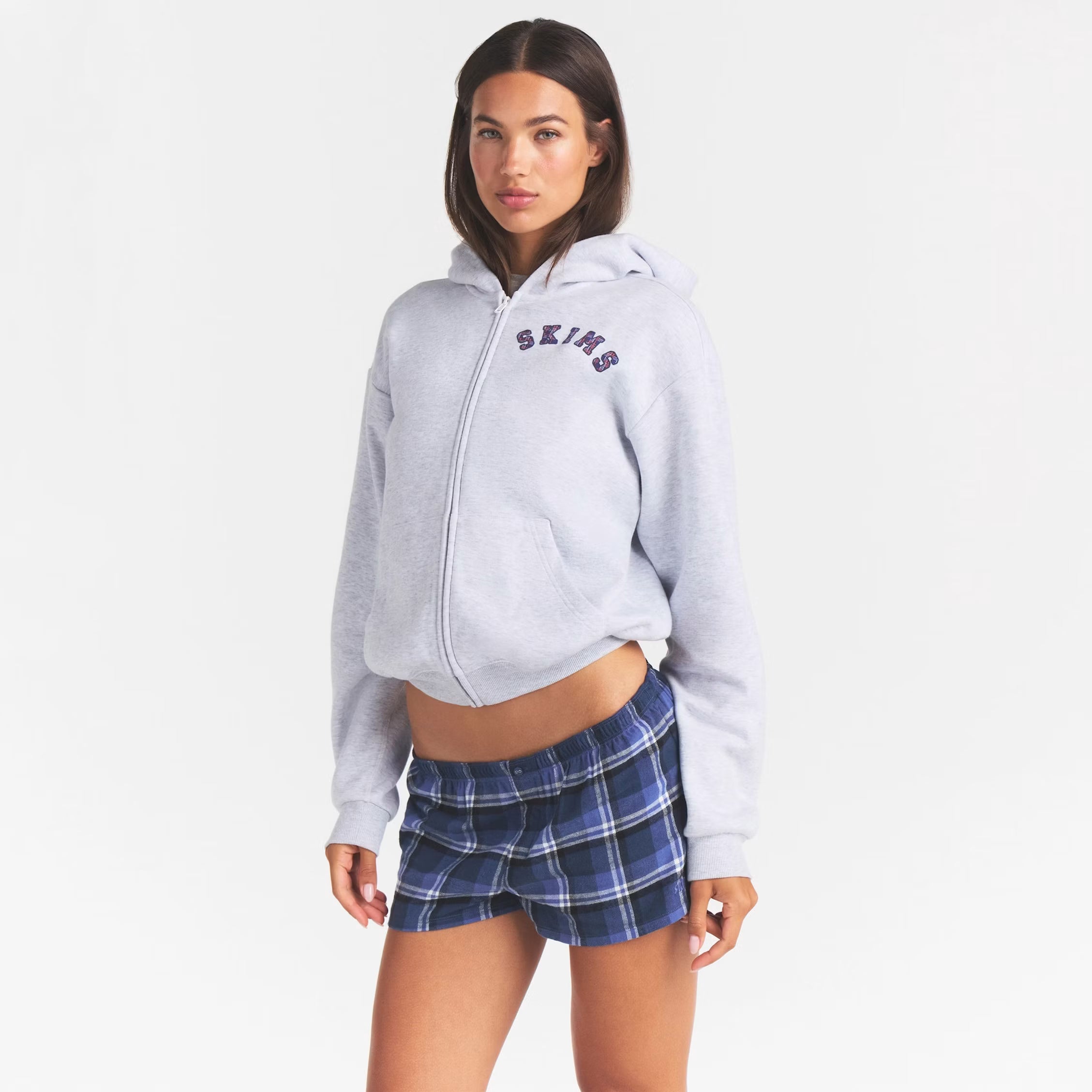 COTTON FLEECE CLASSIC ZIP UP HOODIE | LIGHT HEATHER GREY ARCHED SKIMS PLAID