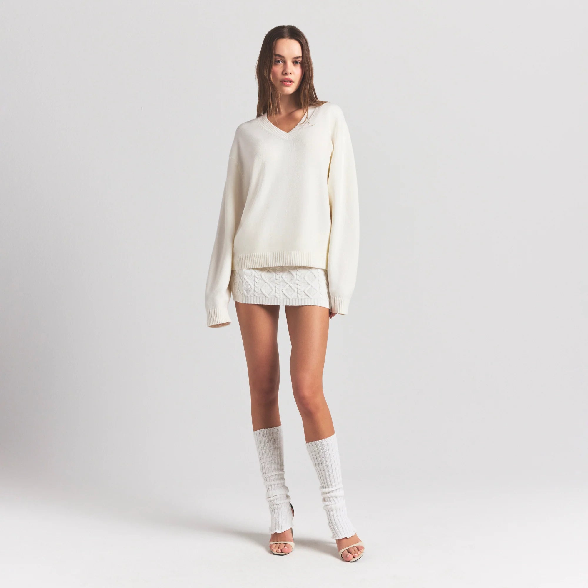 SWEATER KNITS PULLOVER V NECK | IVORY ON A MODEL FRONT VIEW @ | FOCUS: 0.0, 1.0, 0.9