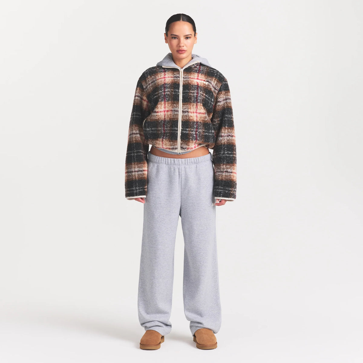 TEDDY BOXY ZIP UP JACKET | SIENNA HERITAGE PLAID ON A MODEL FRONT VIEW @ | FOCUS: 0.0, 1.0, 0.9