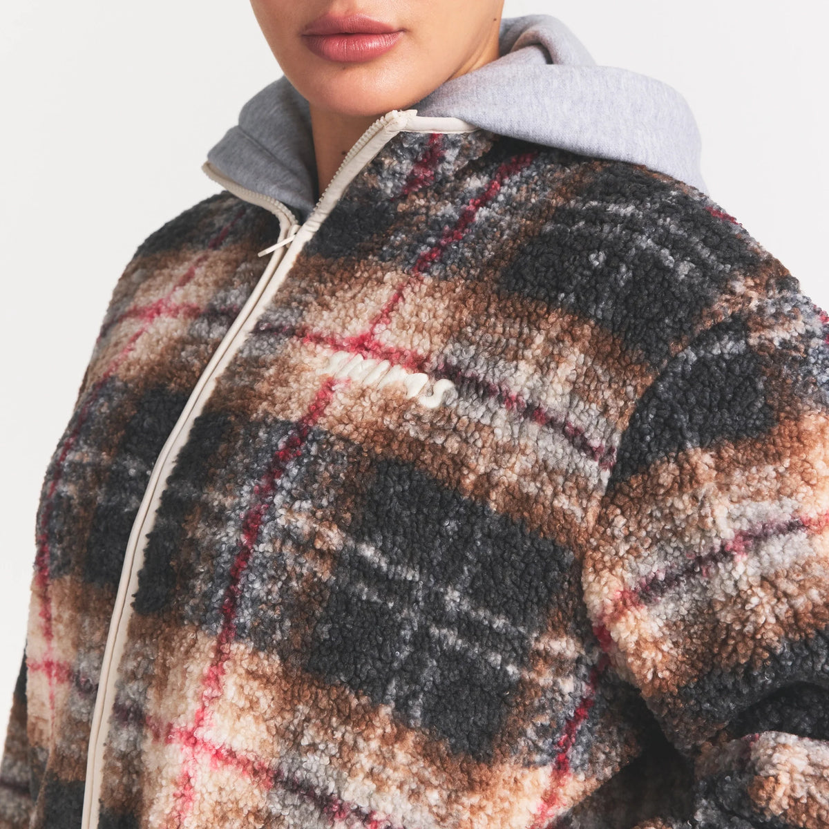 TEDDY BOXY ZIP UP JACKET | SIENNA HERITAGE PLAID ON A MODEL SIDE VIEW @ | FOCUS: 0.0, 1.0, 0.9
