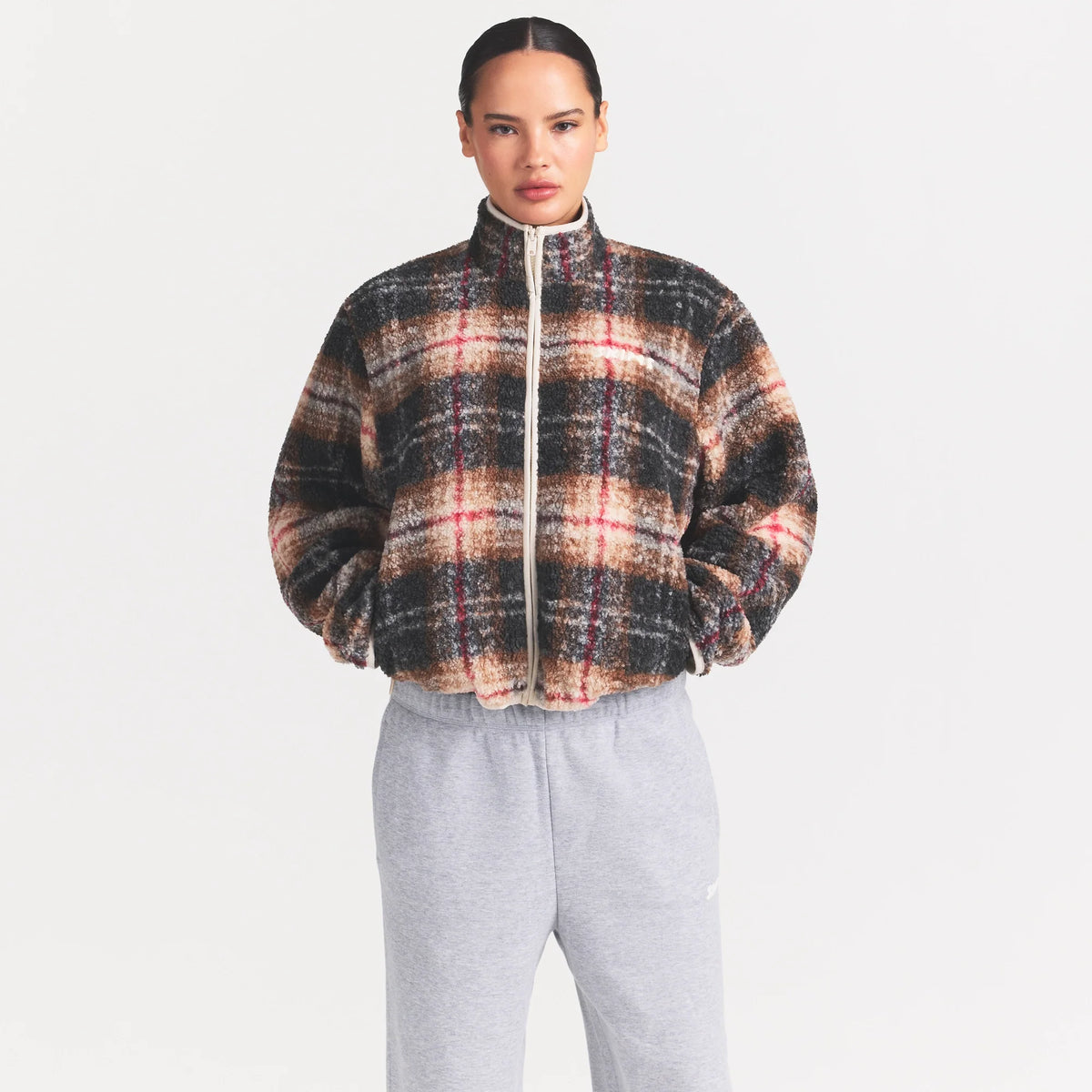 TEDDY BOXY ZIP UP JACKET | SIENNA HERITAGE PLAID ON A MODEL SIDE VIEW @ | FOCUS: 0.0, 1.0, 0.9