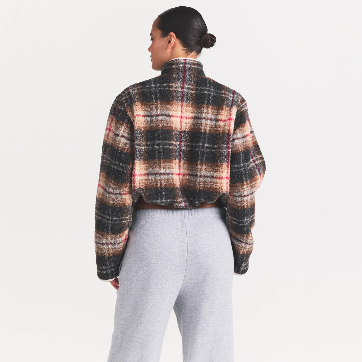 TEDDY BOXY ZIP UP JACKET | SIENNA HERITAGE PLAID ON A MODEL SIDE VIEW @ | FOCUS: 0.0, 1.0, 0.9