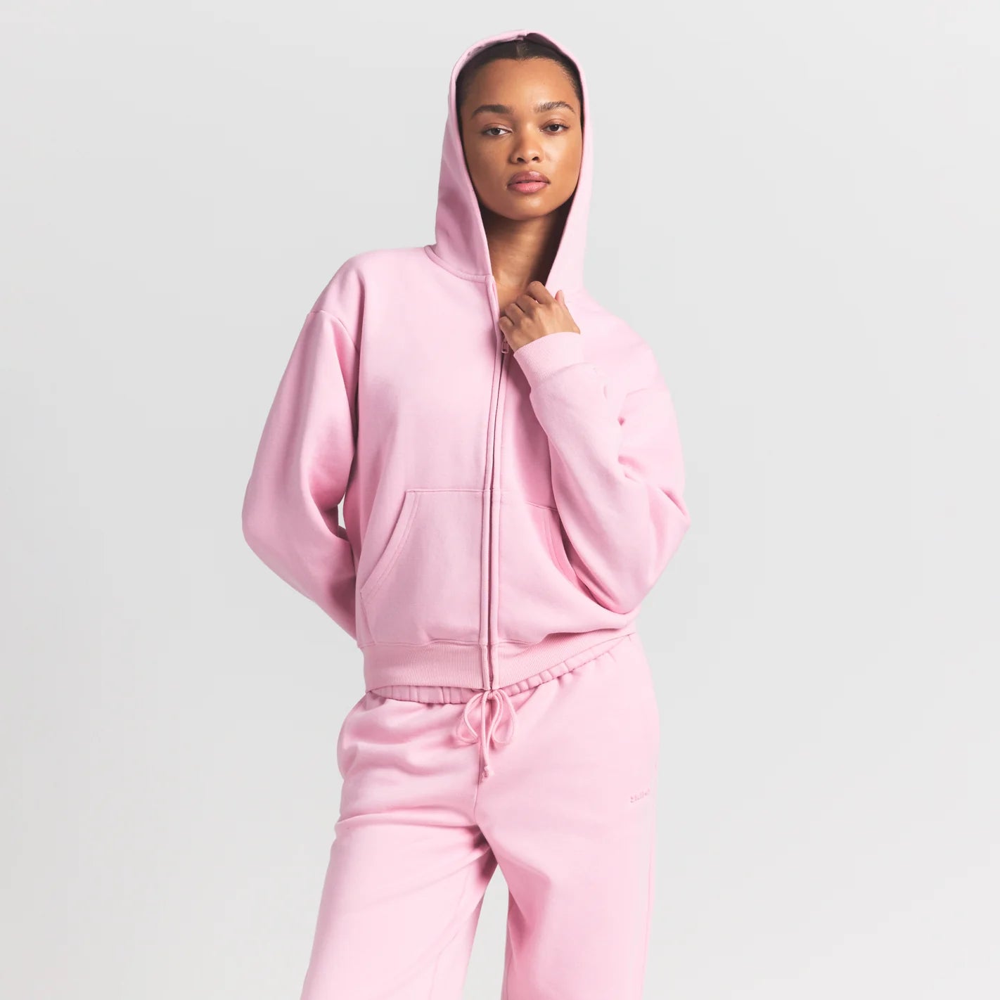 COTTON FLEECE CLASSIC ZIP UP HOODIE | HALITE ON A MODEL FRONT VIEW @ | FOCUS: 0.9, 0.1, 0.7