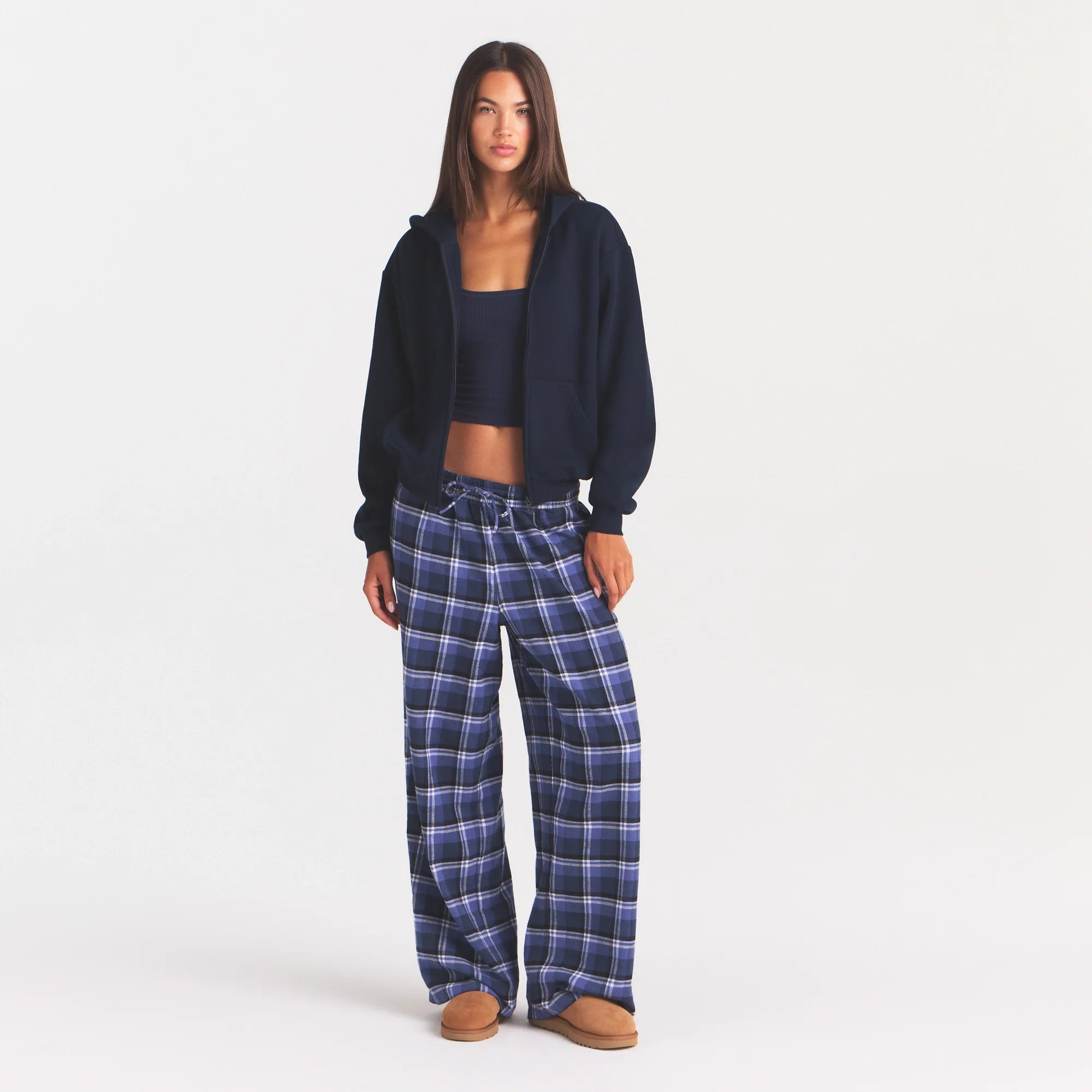 COTTON FLEECE CLASSIC ZIP UP HOODIE | NAVY ON A MODEL FRONT VIEW