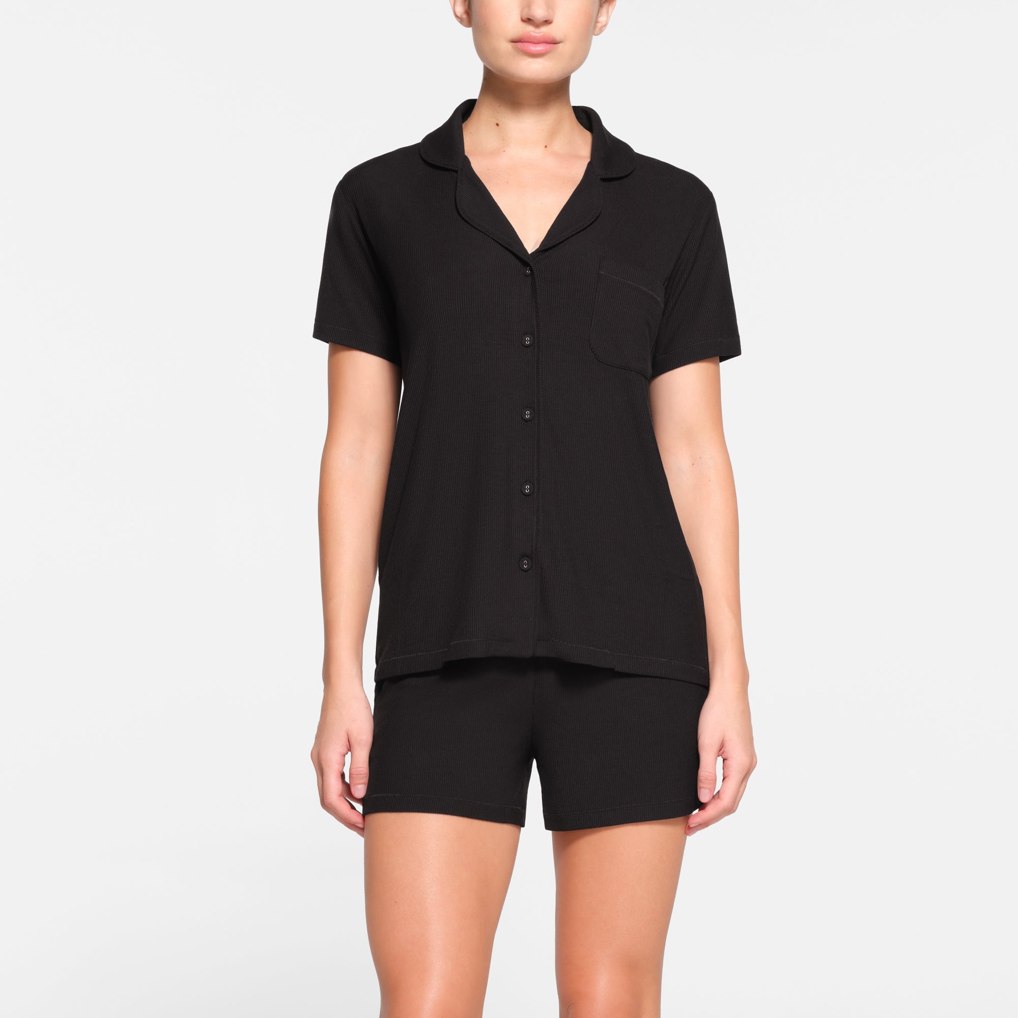 SOFT LOUNGE SHORT SLEEP SET | ONYX ON A MODEL FRONT VIEW