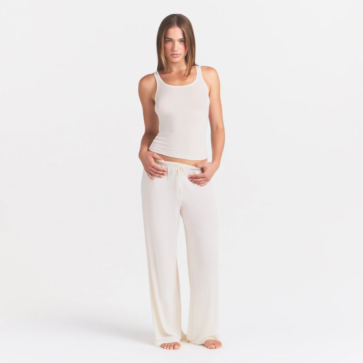 CLOUD SLEEP PANT  | ECRU ON A MODEL FRONT VIEW @ | FOCUS: 0.0, 1.0, 0.9