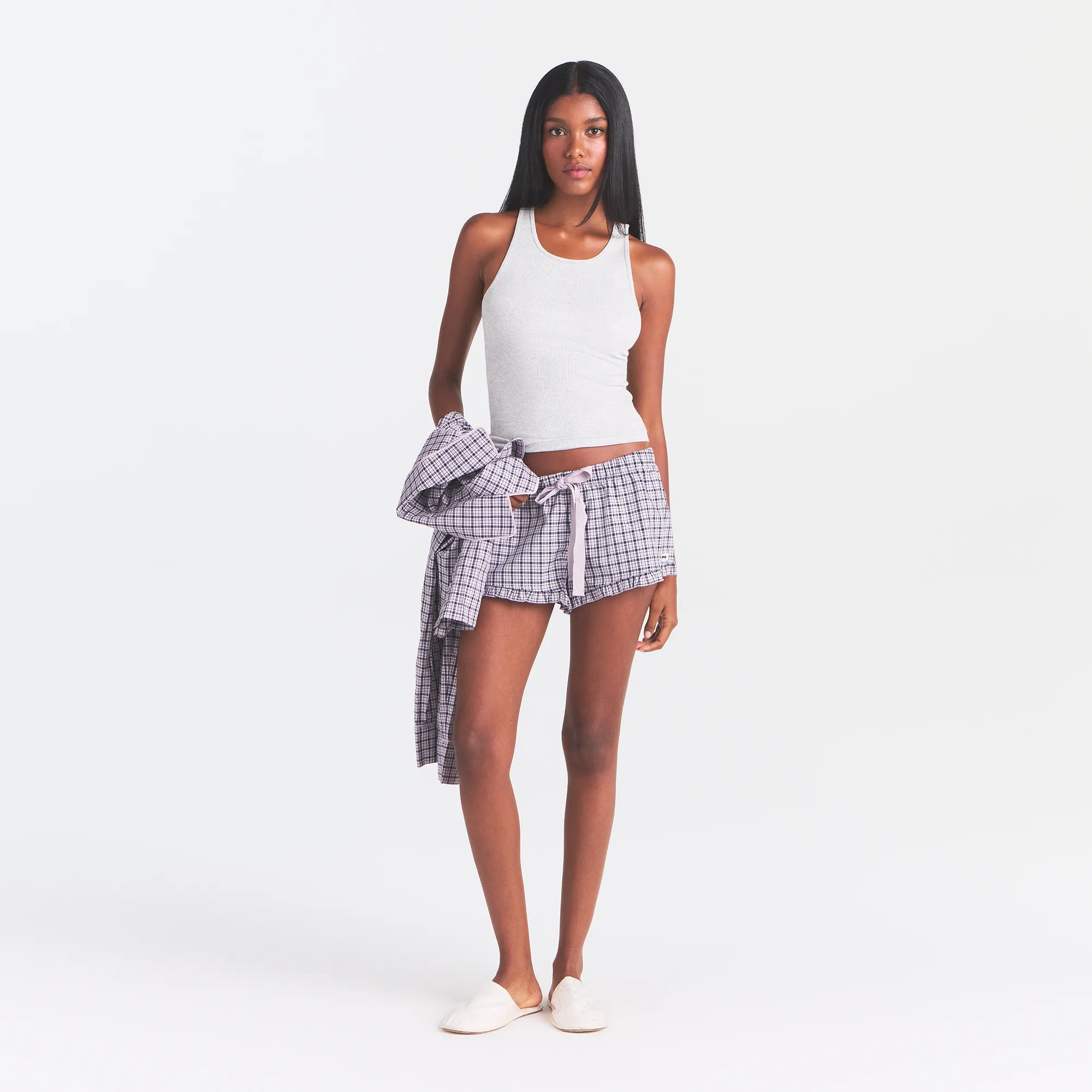 COTTON POPLIN SLEEP RUFFLE SHORT | IRIS MICA NAVY CHECK