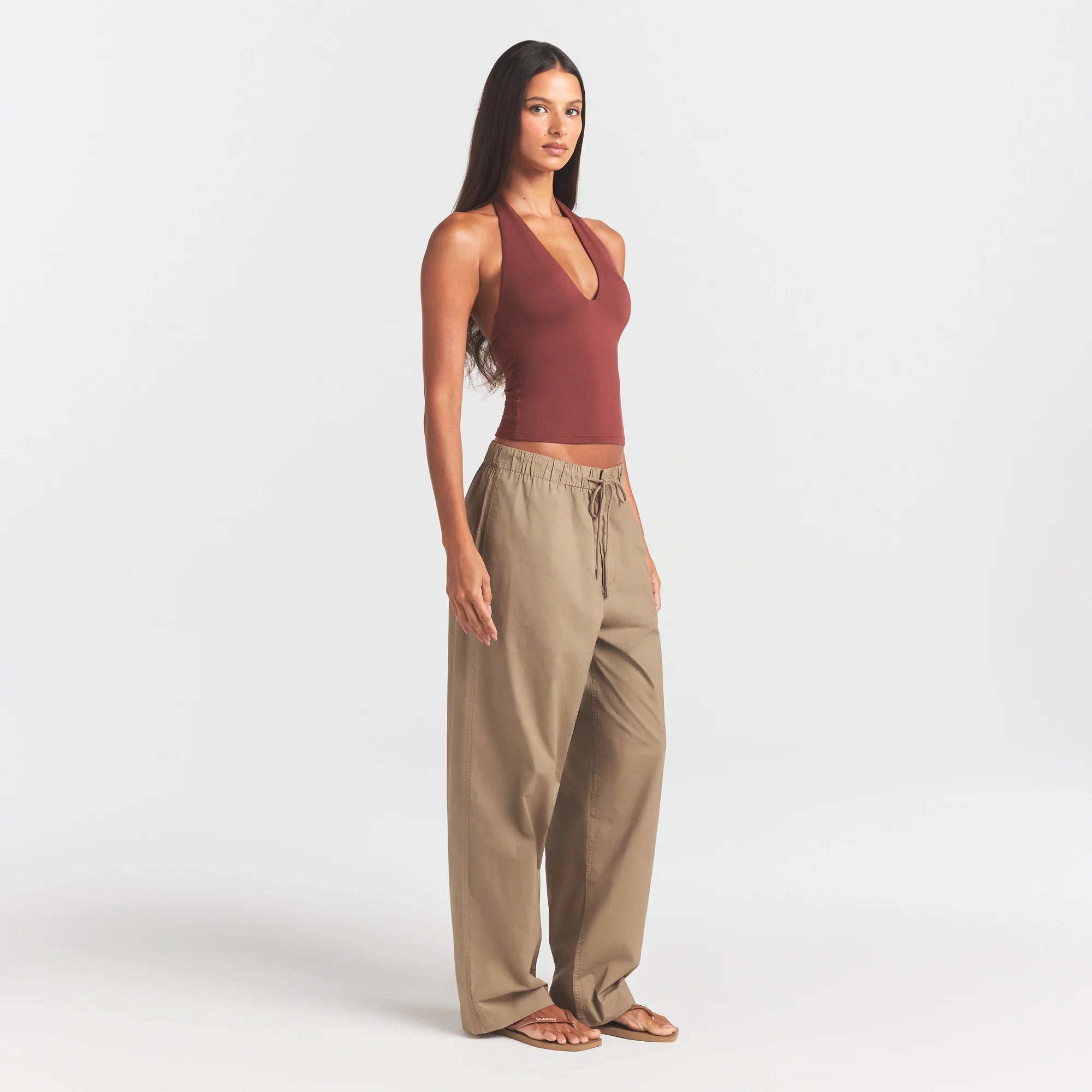 WOVEN COTTON OVERSIZED STRAIGHT LEG PANT | DESERT ON A MODEL FRONT VIEW @ | FOCUS: 0.0, 1.0, 0.9