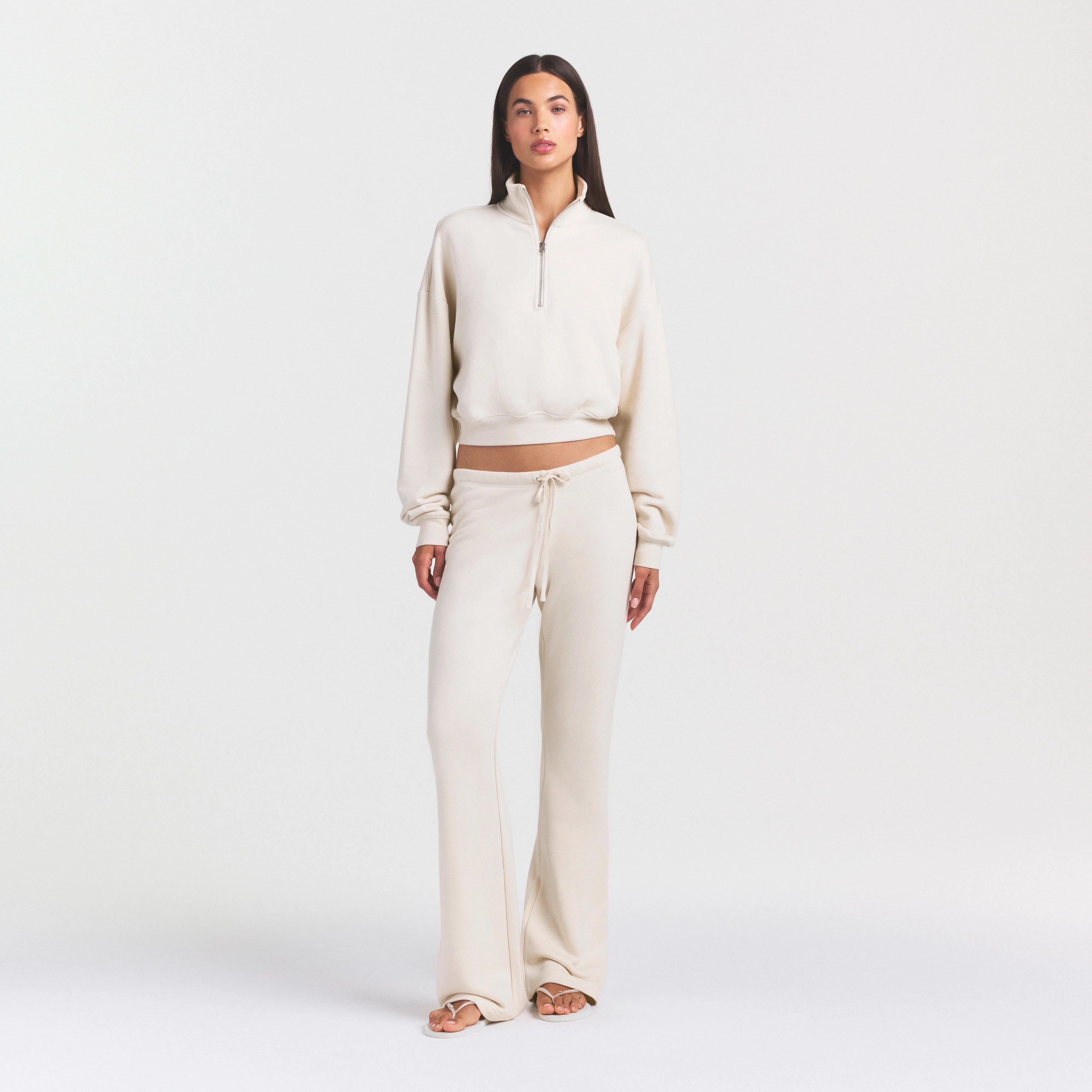 DRAPEY FRENCH TERRY STRAIGHT LEG PANT | BUFF ON A MODEL FRONT VIEW @ | FOCUS: 0.0, 1.0, 0.9