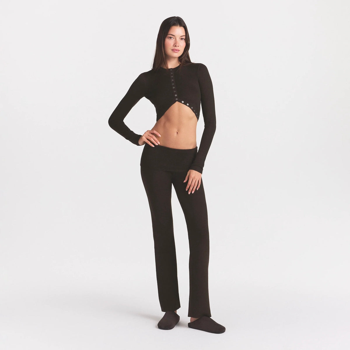 ESSENTIAL KNIT FOLDOVER PANT | ESPRESSO & LAYS FLAT ON A WHITE BACKGROUND | FLT