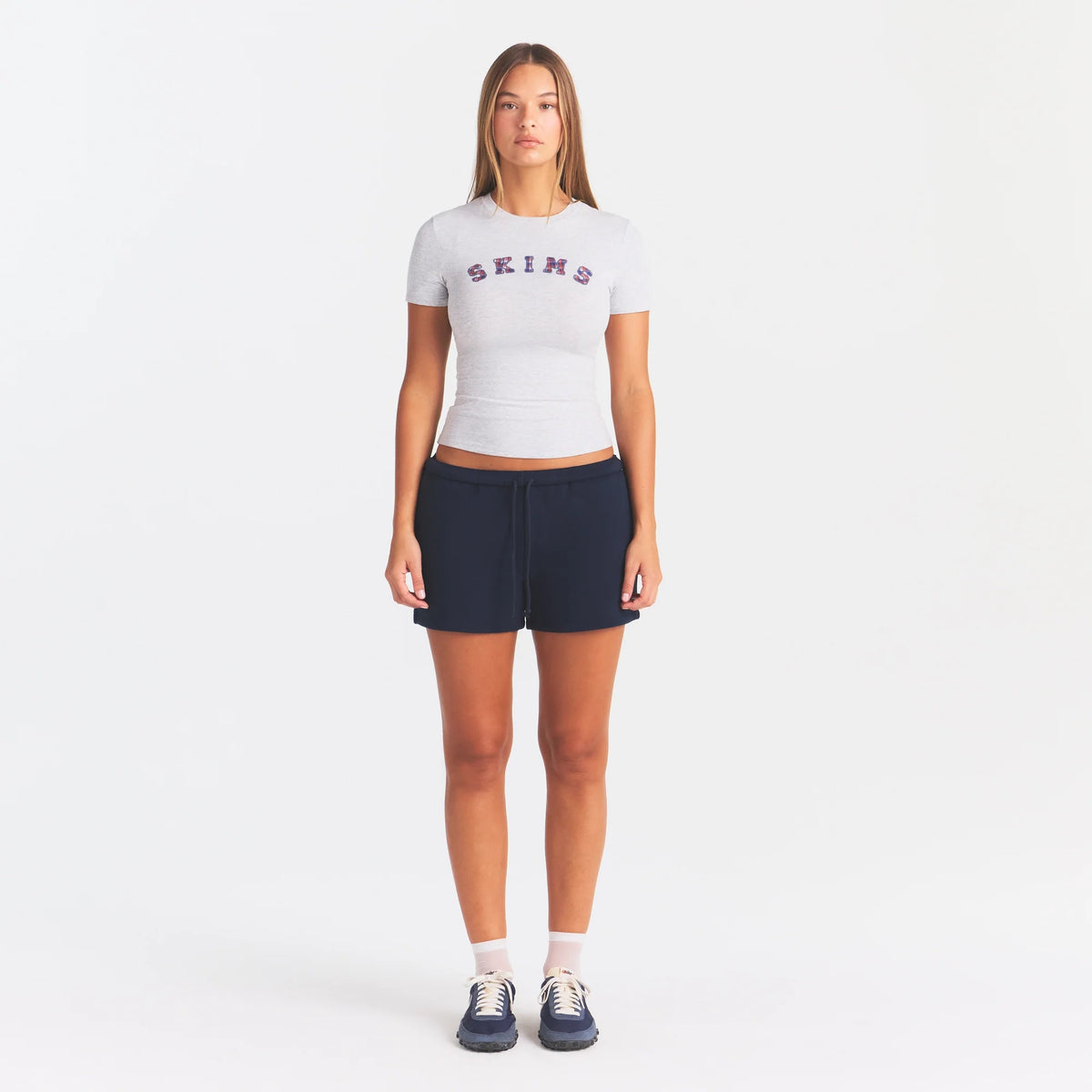 COTTON FLEECE CLASSIC SHORT | NAVY ON A MODEL FRONT VIEW