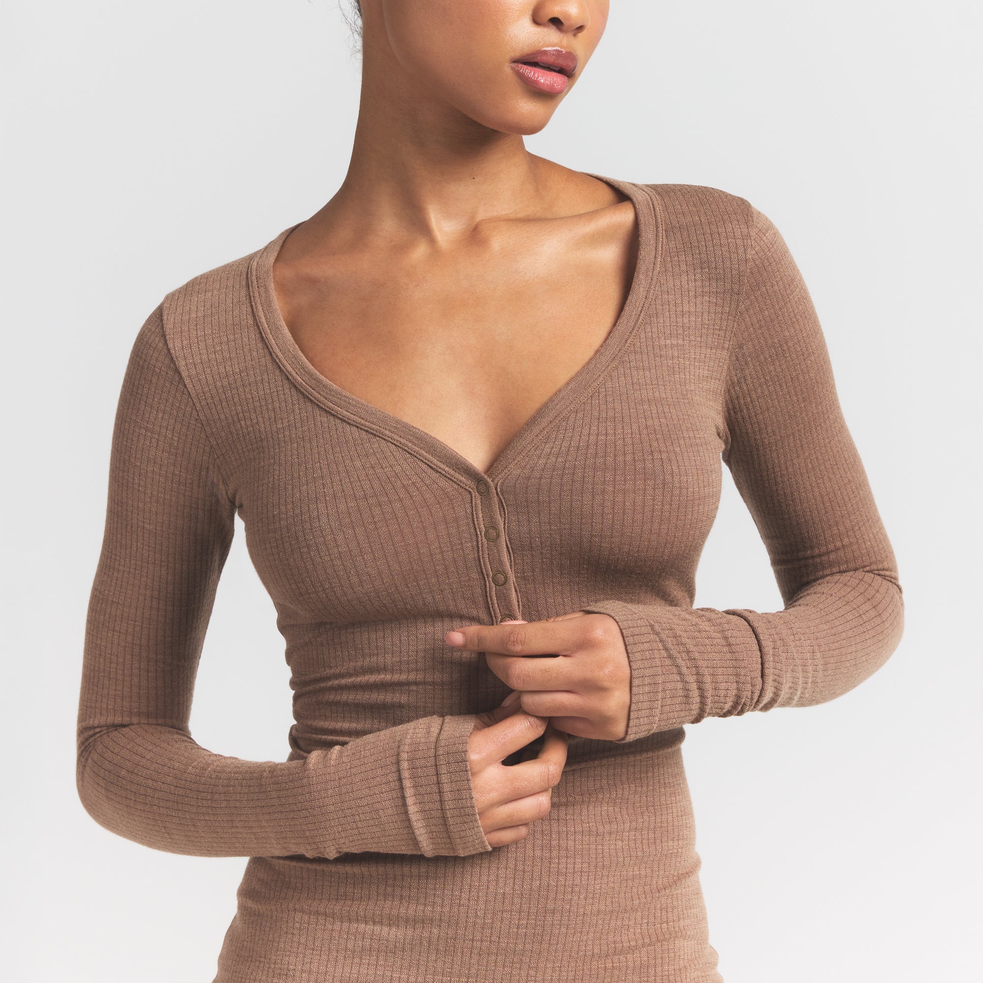 WOOL RIB HENLEY DRESS | SIENNA ON A MODEL FRONT VIEW @ | FOCUS: 0.9, 0.1, 0.7