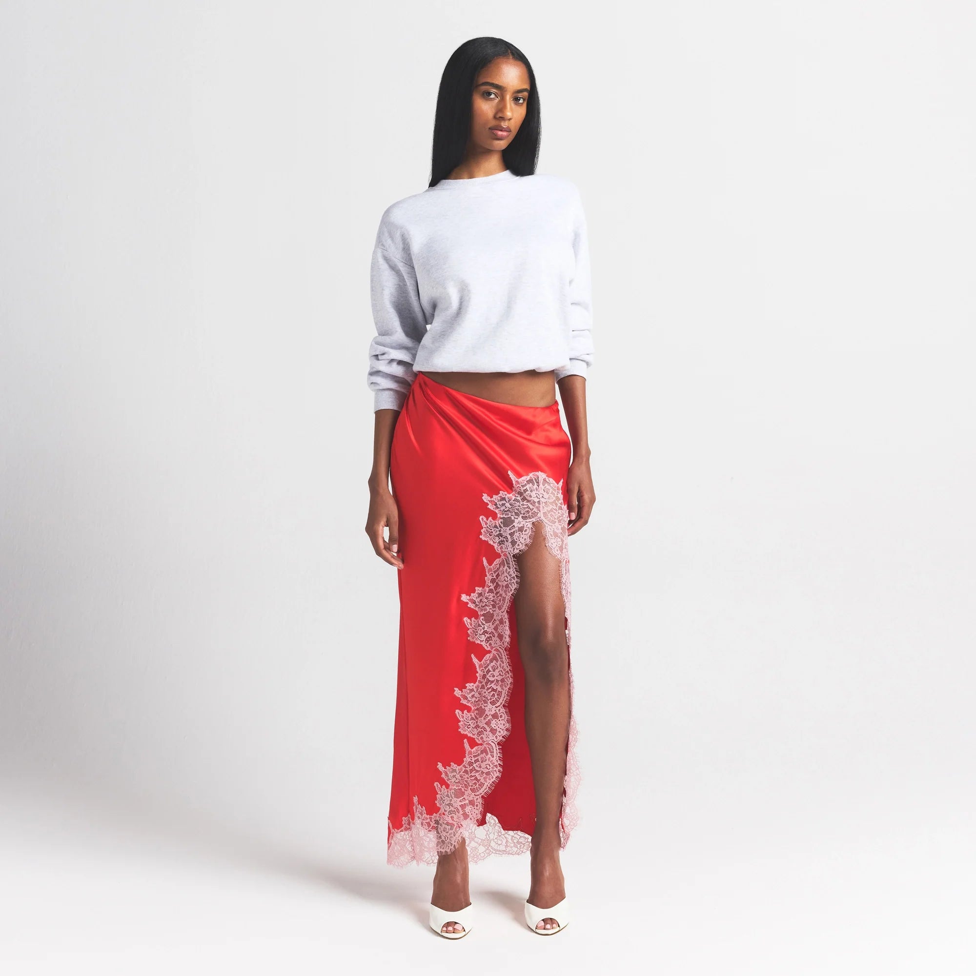 SILK LACE SKIRT | RUBY CONTRAST ON A MODEL FRONT VIEW @ | FOCUS: 0.0, 1.0, 0.9