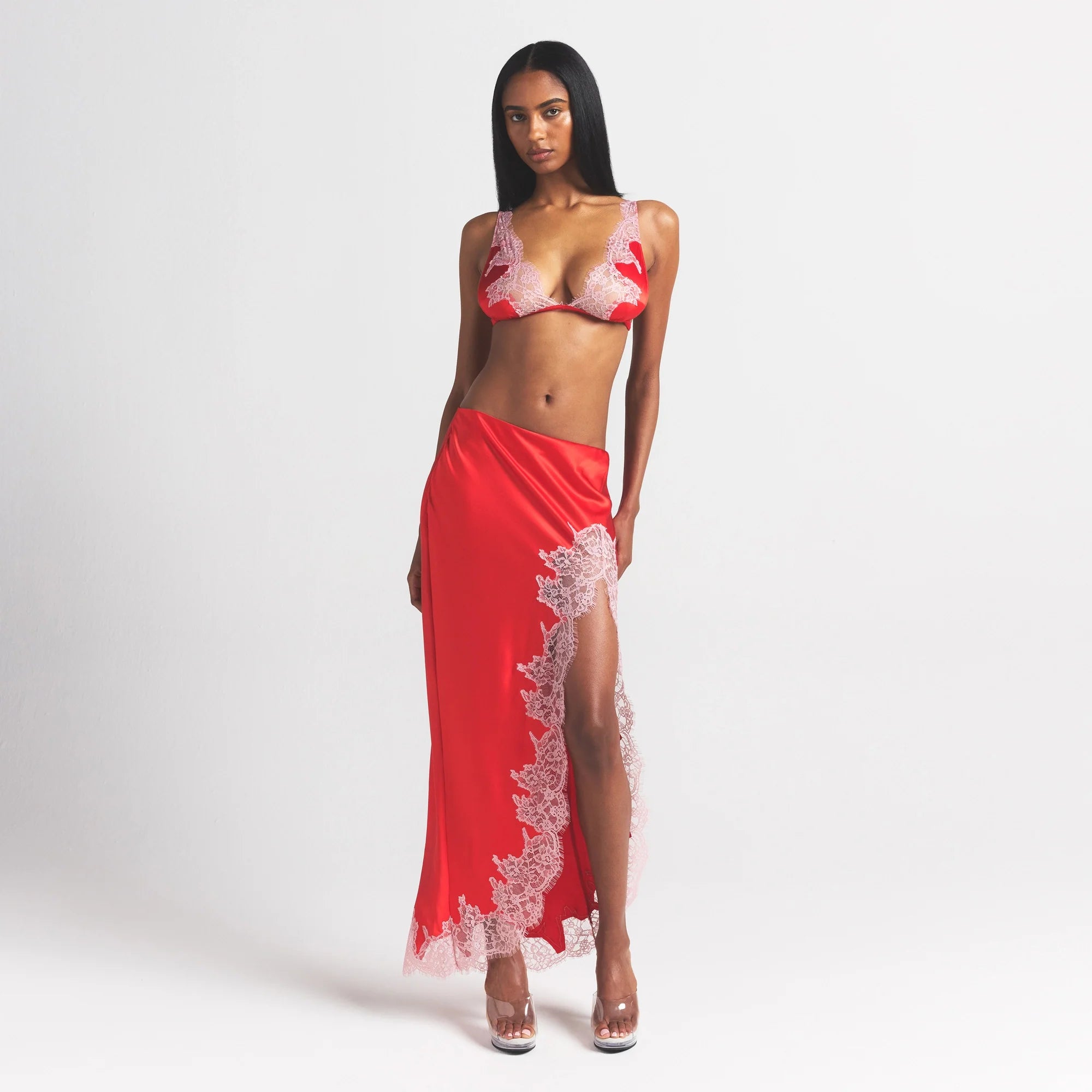 SILK LACE SKIRT | RUBY CONTRAST ON A MODEL FRONT VIEW @ | FOCUS: 0.0, 1.0, 0.9