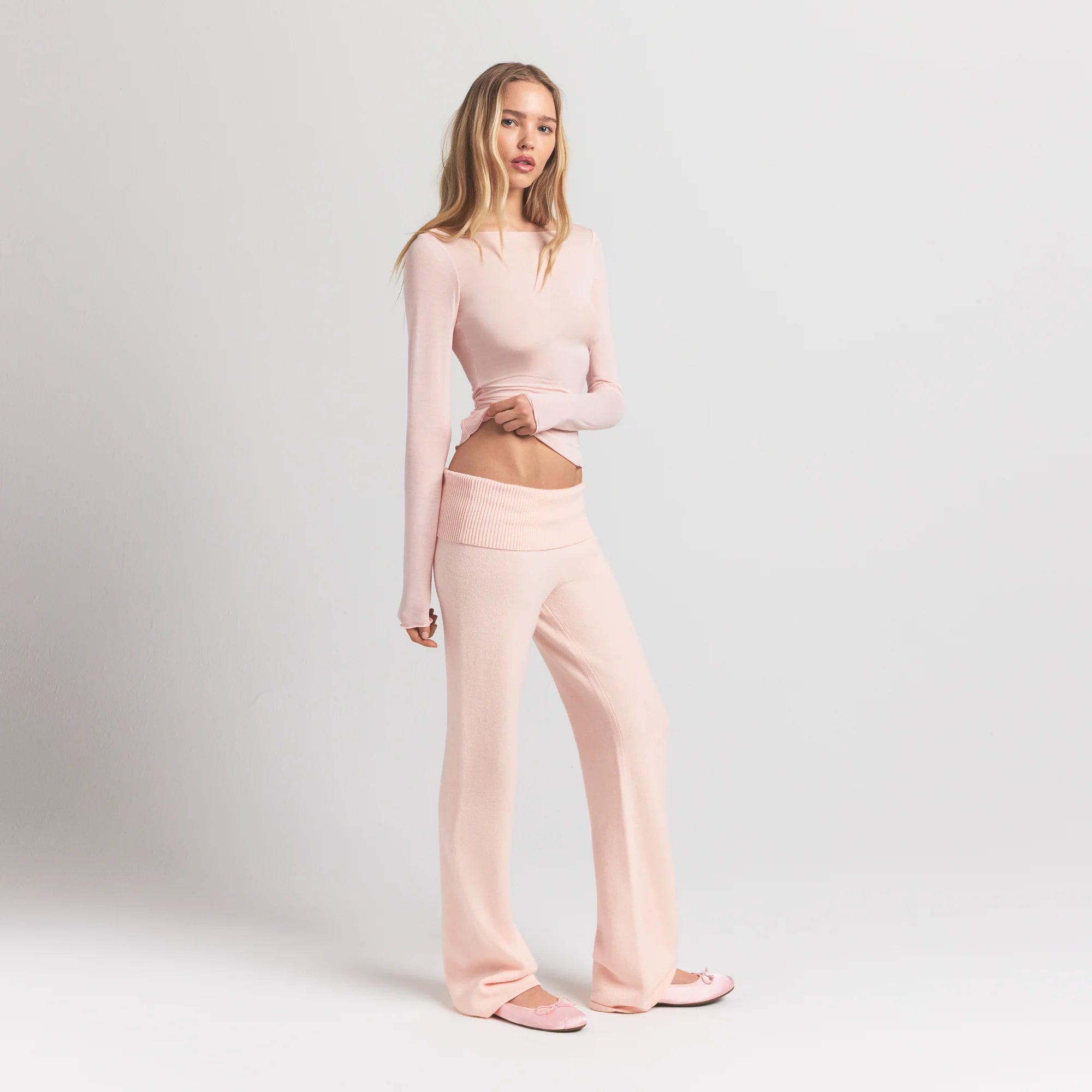 SHEER MODAL LONG SLEEVE BOATNECK TOP | PRIMROSE ON A MODEL SIDE VIEW @ | FOCUS: 0.9, 0.1, 0.7