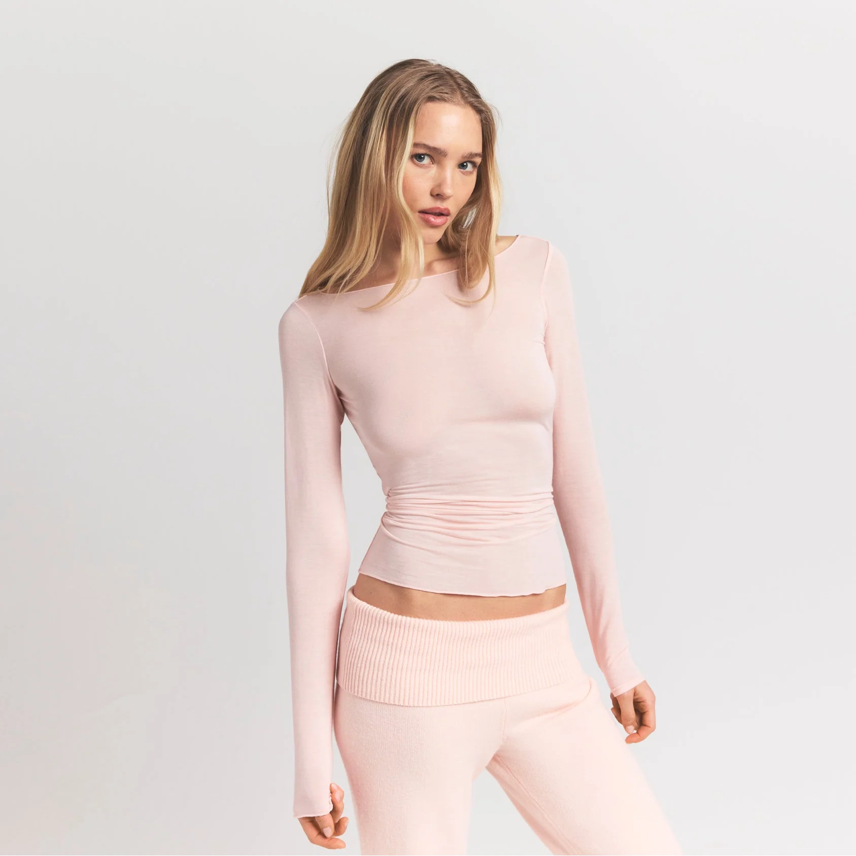 SHEER MODAL LONG SLEEVE BOATNECK TOP | PRIMROSE ON A MODEL FRONT VIEW @ | FOCUS: 0.9, 0.1, 0.7