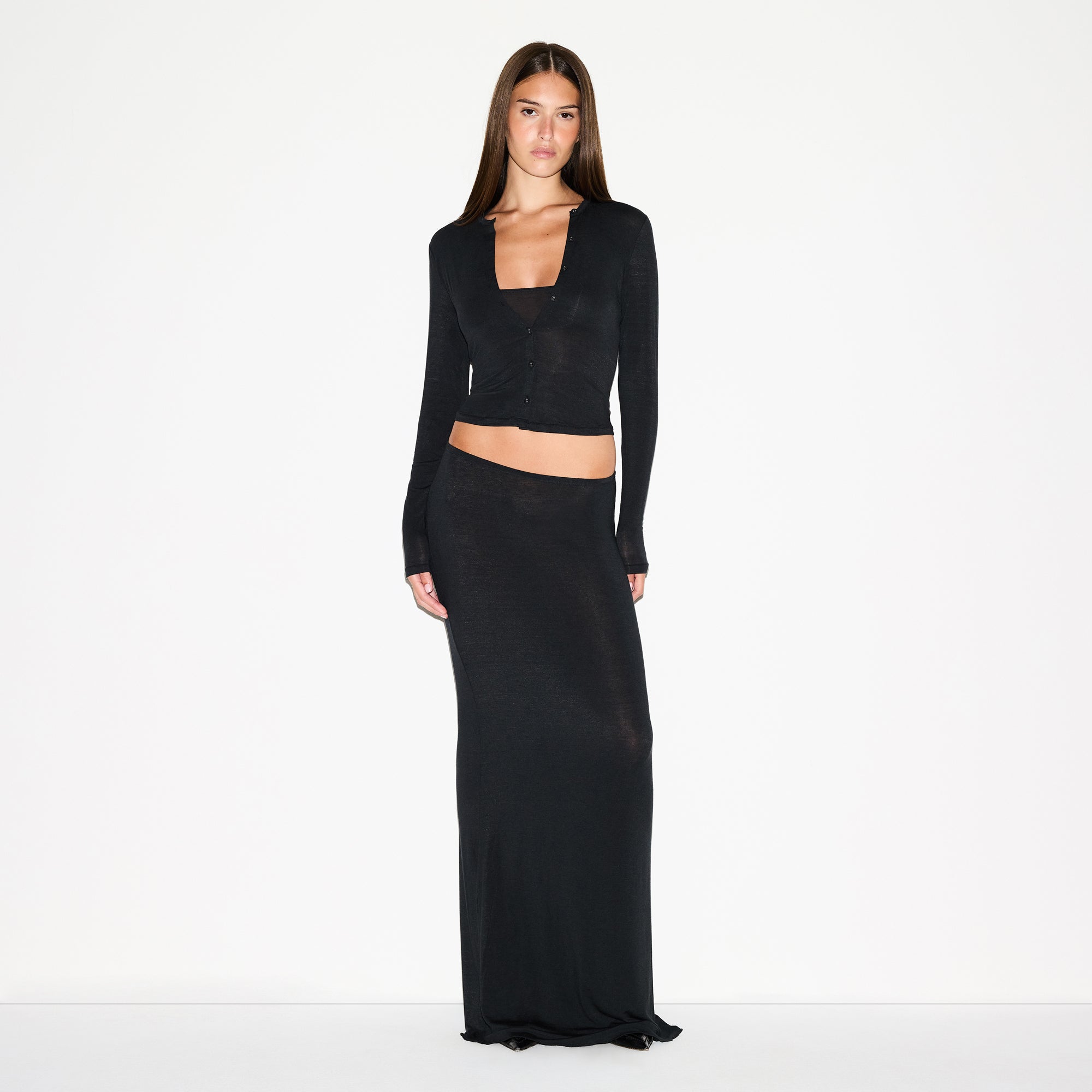 SHEER MODAL CARDIGAN | ONYX ON A MODEL FRONT VIEW @ | FOCUS: 0.0, 1.0, 0.9