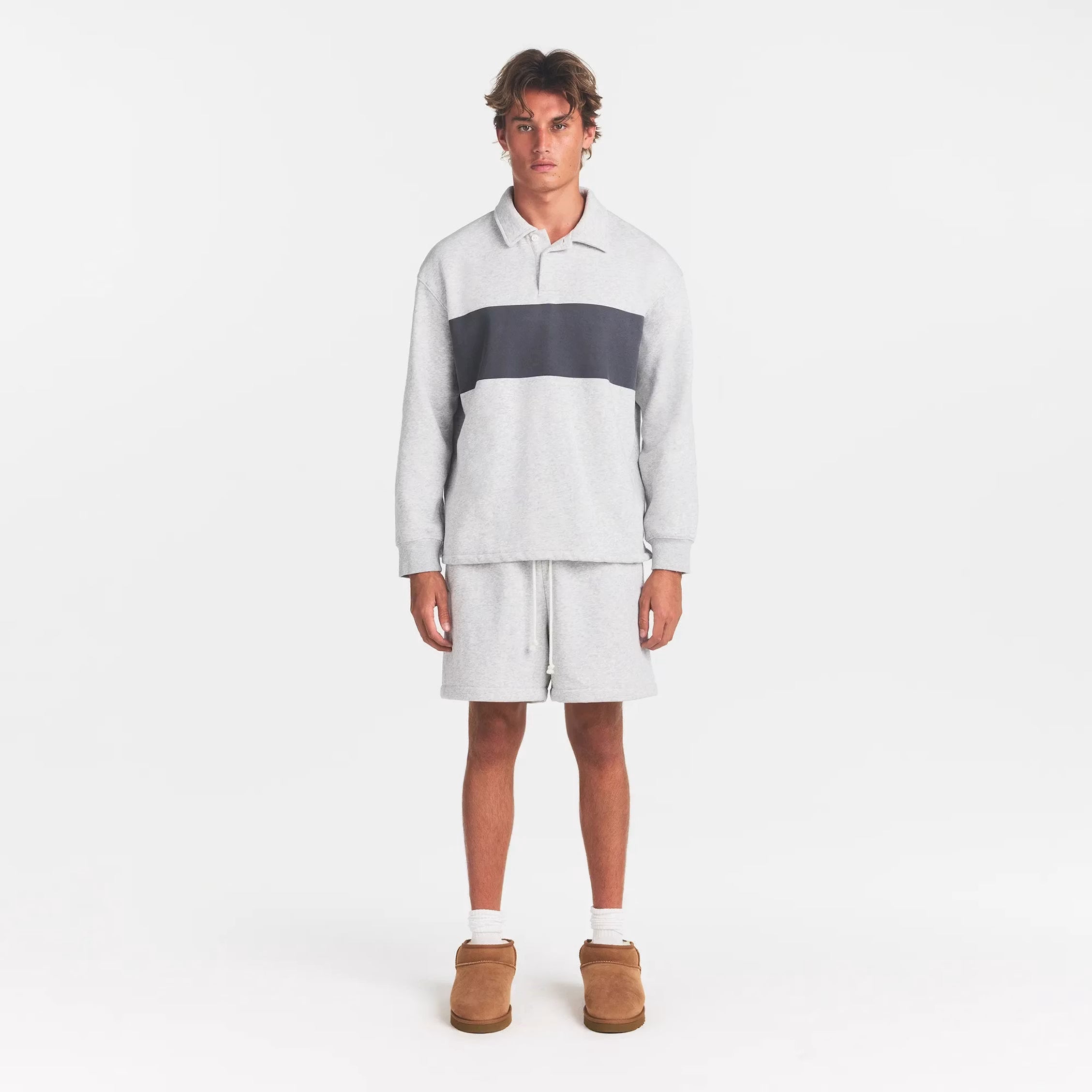 FLEECE LOUNGE MENS RUGBY POLO | LIGHT HEATHER GREY