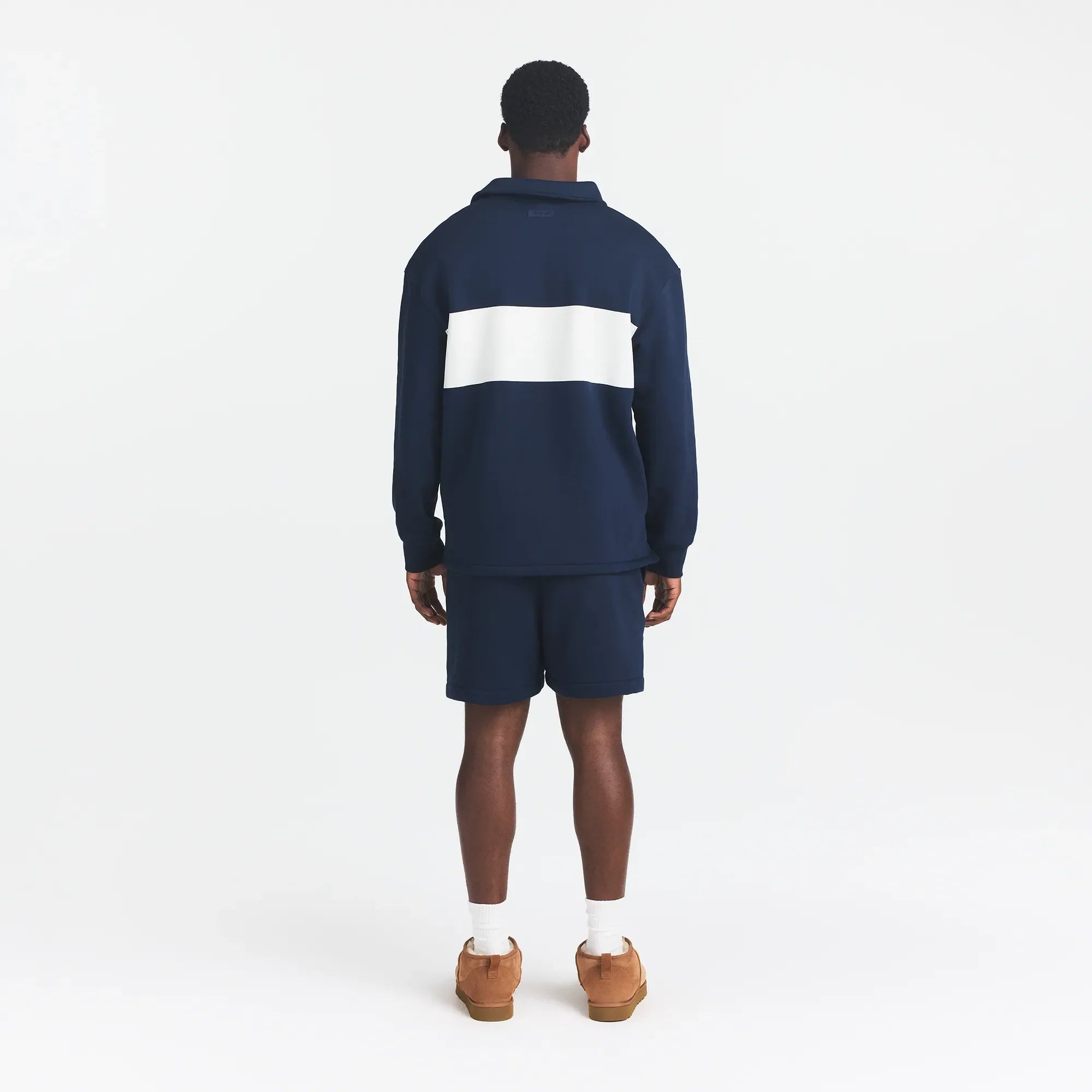 FLEECE LOUNGE MENS RUGBY POLO | NAVY ON A MODEL BACK VIEW