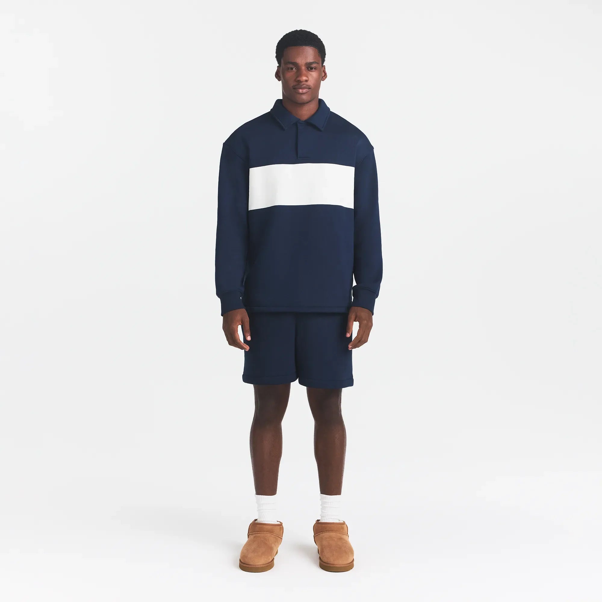 FLEECE LOUNGE MENS RUGBY POLO | NAVY ON A MODEL FRONT VIEW