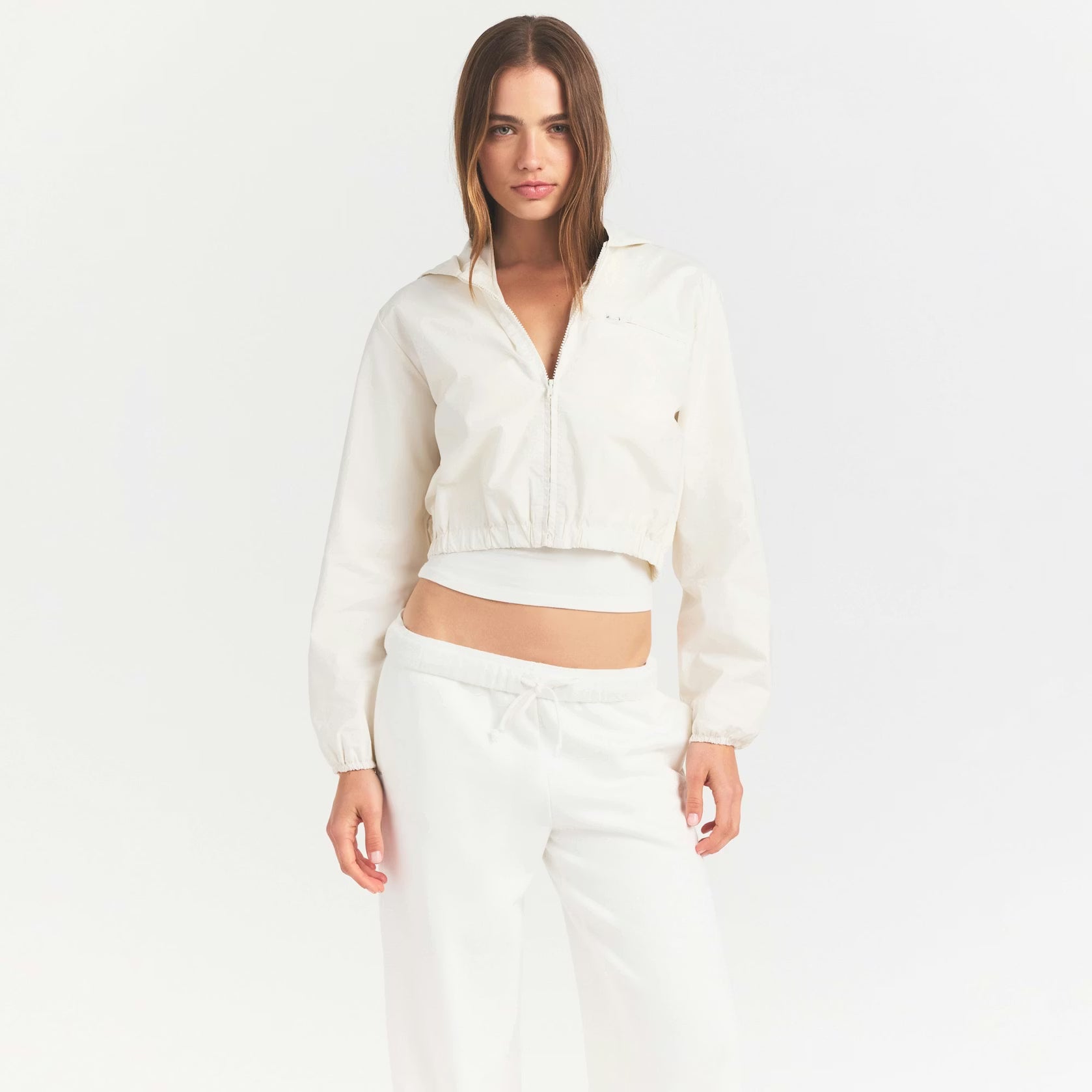 WOVEN COTTON CROPPED ZIP UP JACKET | EGRET