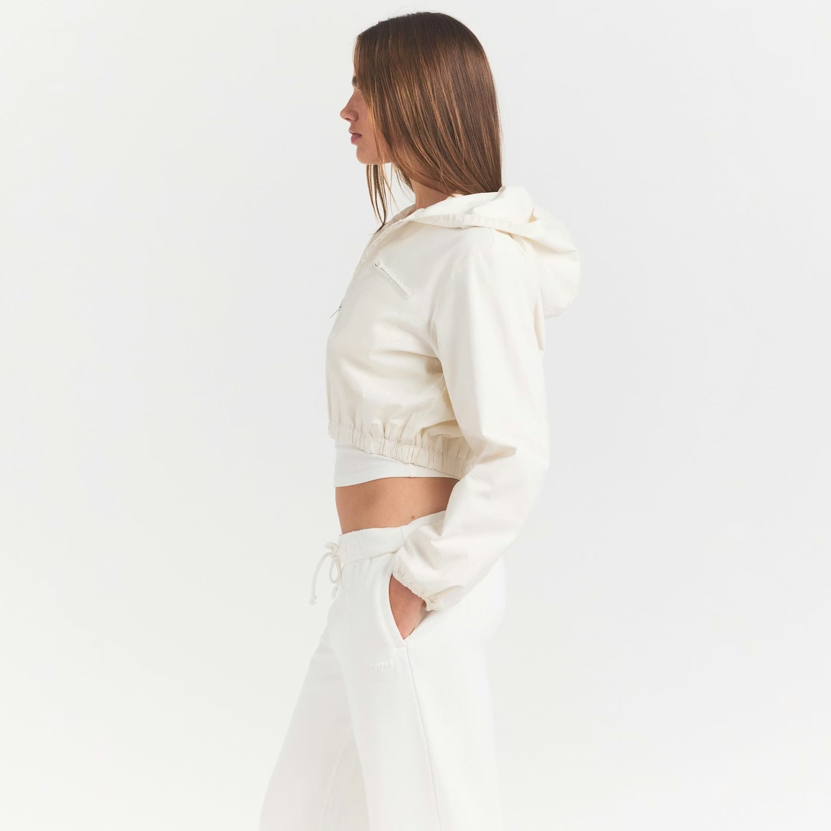 WOVEN COTTON CROPPED ZIP UP JACKET | EGRET