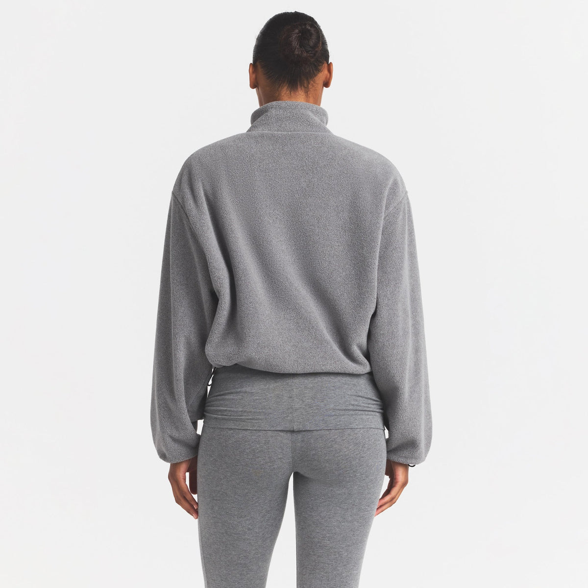 OUTDOOR FLEECE MOCK NECK ZIP UP JACKET | DARK HEATHER GREY ON A MODEL SIDE VIEW @ | FOCUS: 0.0, 1.0, 0.9