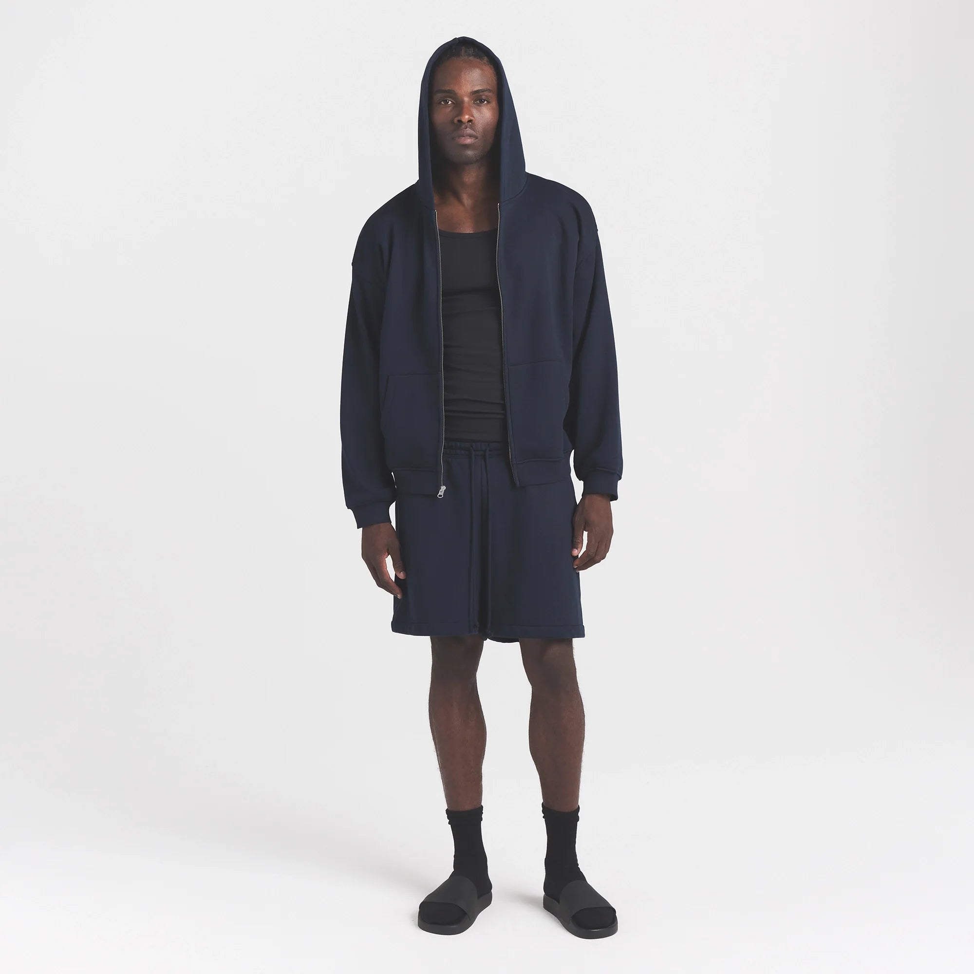 FLEECE LOUNGE MENS RELAXED ZIP UP HOODIE | NAVY ON A MODEL FRONT VIEW @ | FOCUS: 0.0, 1.0, 0.9