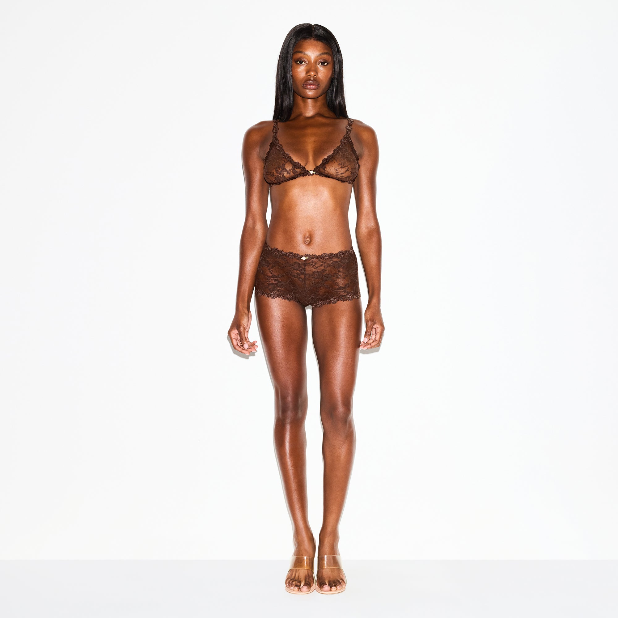 STRETCH LACE BOY SHORT | ESPRESSO ON A MODEL FRONT VIEW @ | FOCUS: 0.0, 1.0, 0.9