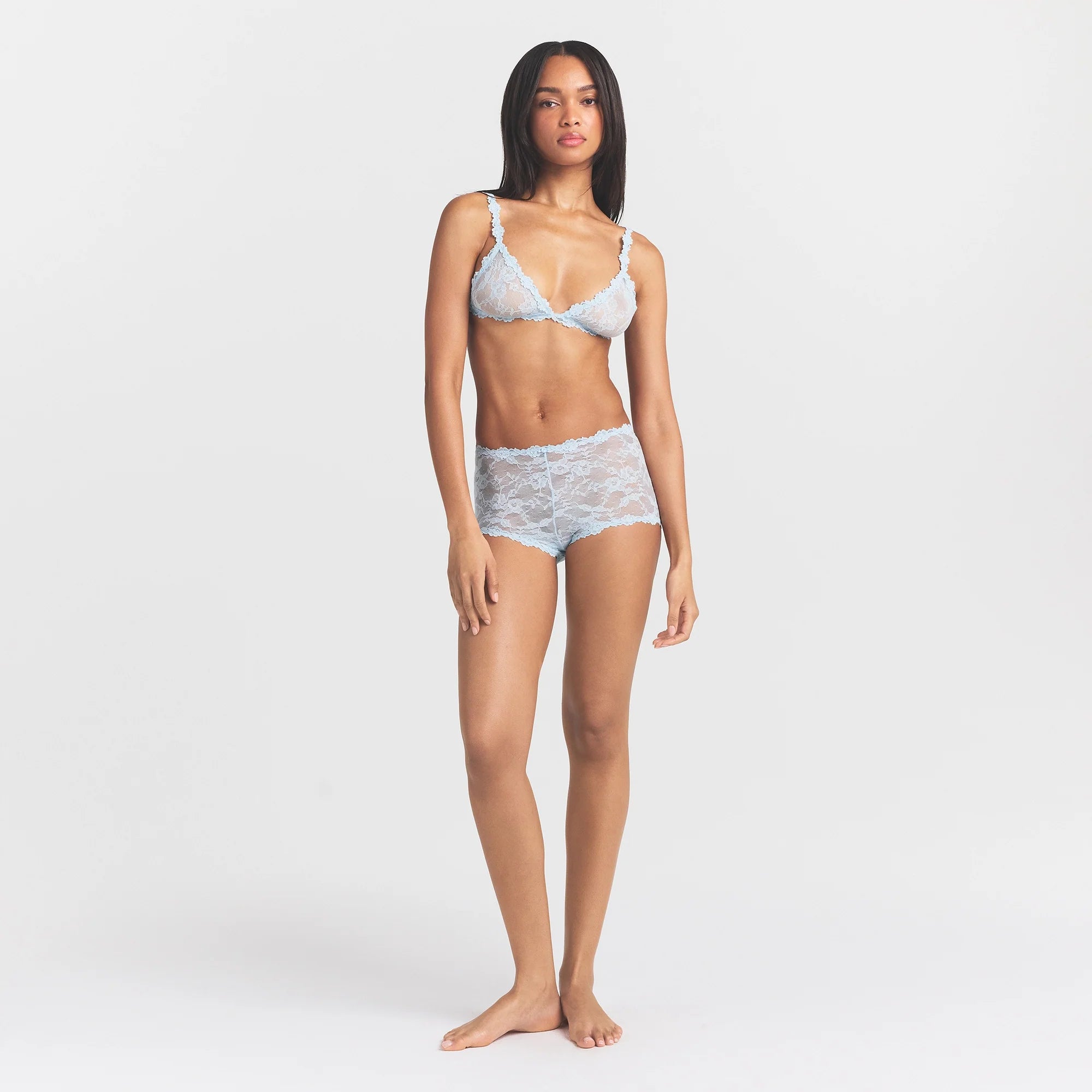 STRETCH LACE BOY SHORT | POWDER BLUE ON A MODEL FRONT VIEW @ | FOCUS: 0.0, 1.0, 0.9