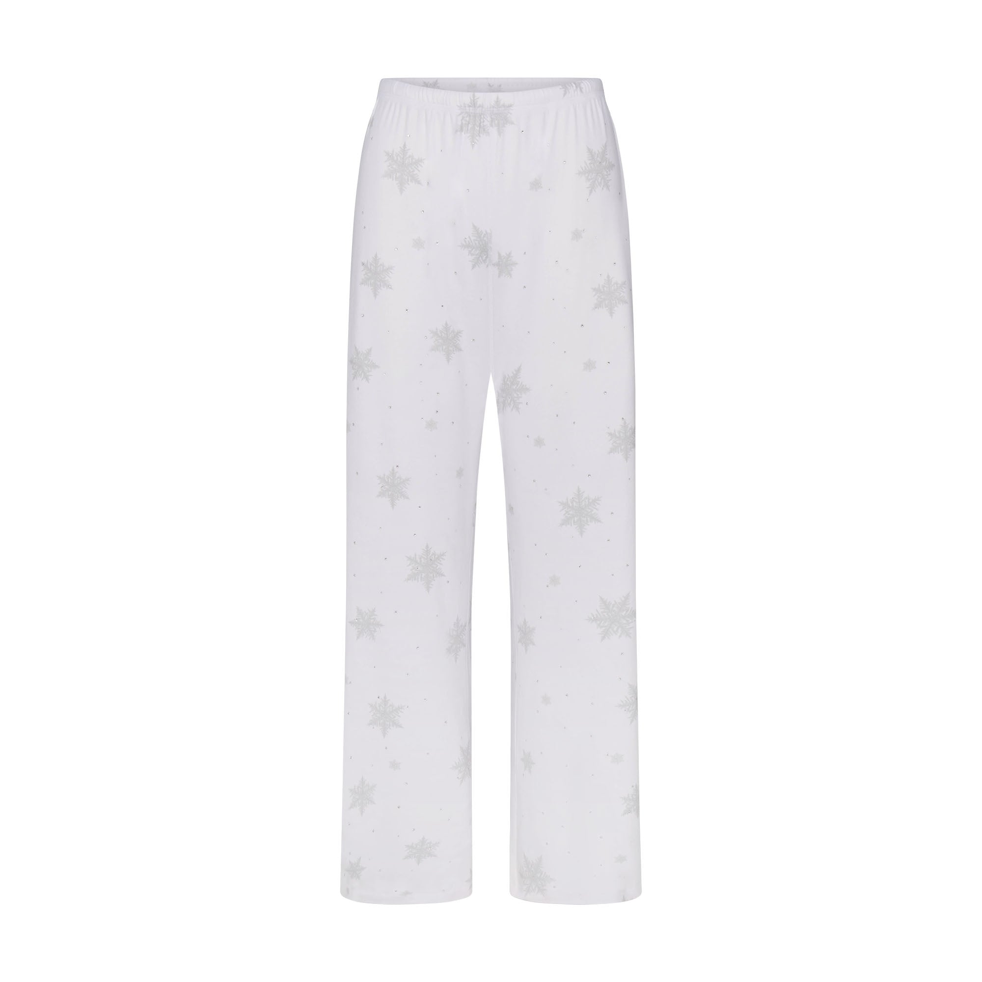 LOGO PLUSH POINTELLE RHINESTONE STRAIGHT LEG PANT | SNOW RHINESTONE PRINT FLAT ON A WHITE BACKGROUND | FLT