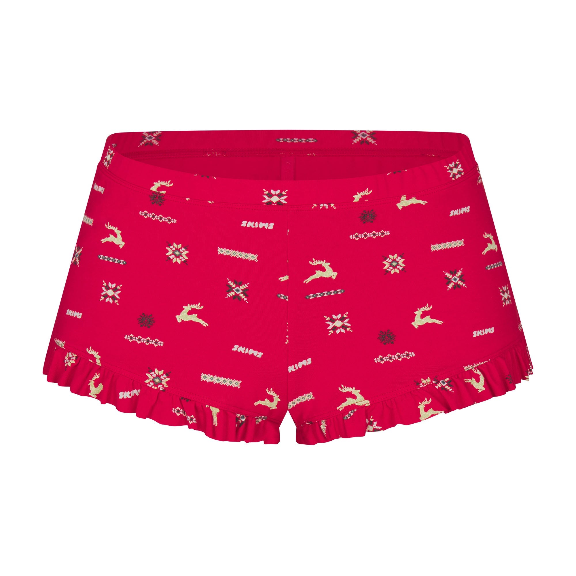 SKIMS SLEEP SCOOP NECK SLEEP SET | CRANBERRY VINTAGE DEER PRINT FLAT ON A WHITE BACKGROUND | FLT