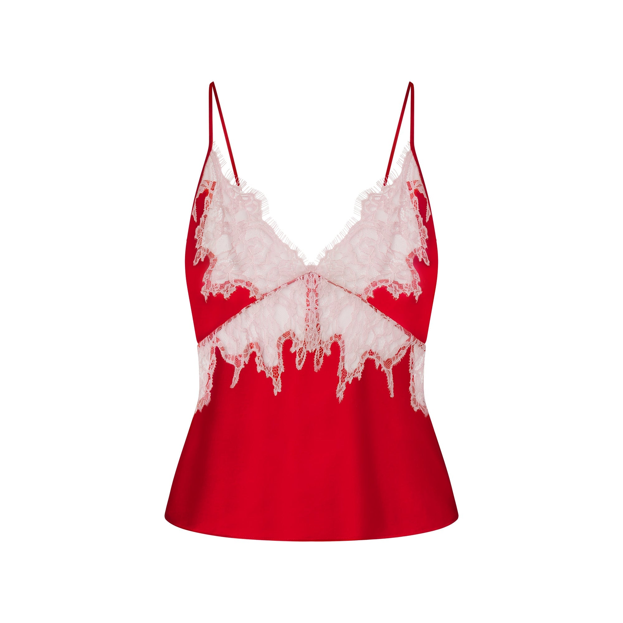 SILK LACE CAMI | RUBY CONTRAST FLAT ON A WHITE BACKGROUND | FLT