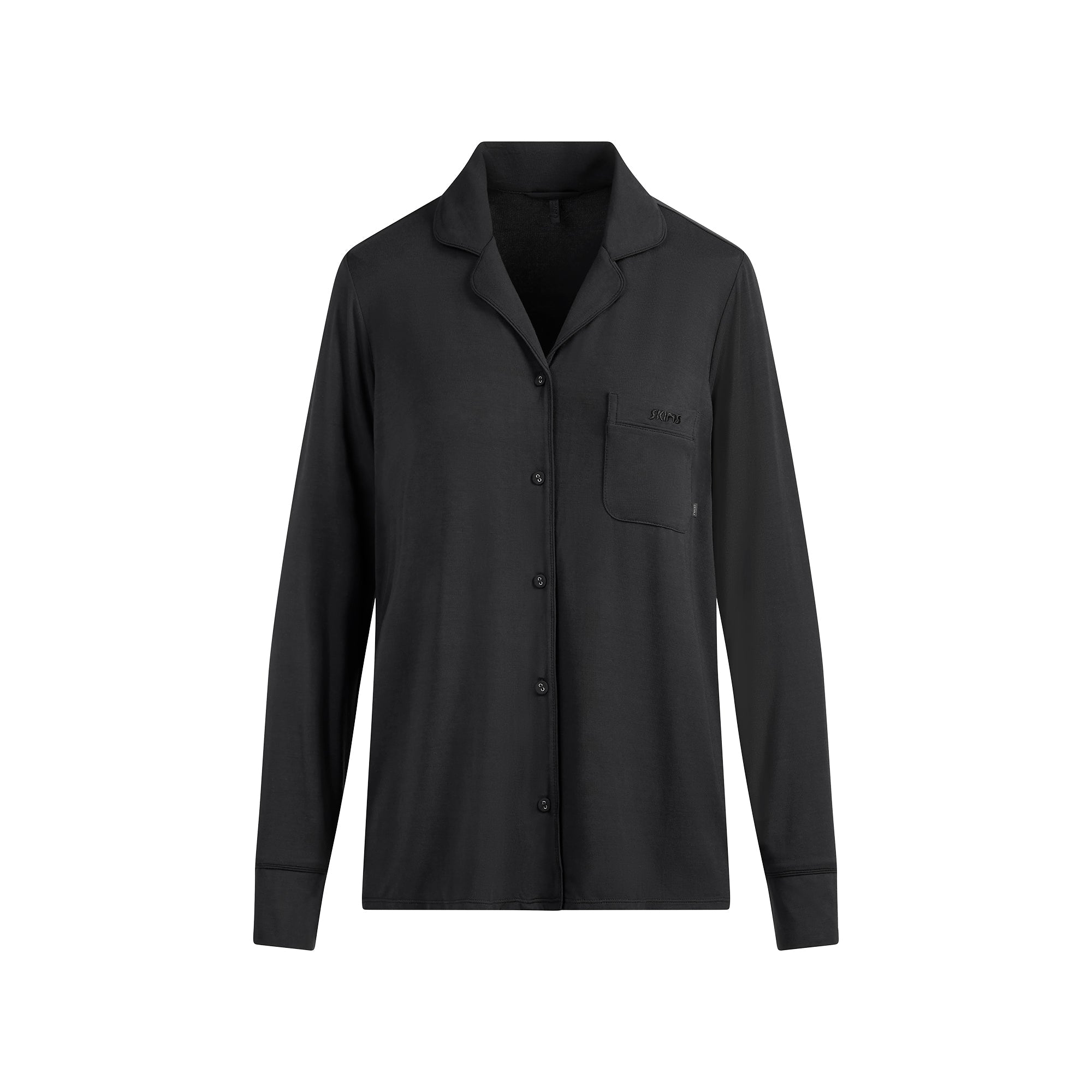 SKIMS SLEEP LONG SLEEVE BUTTON UP SET | ONYX FLAT ON A WHITE BACKGROUND | FLT