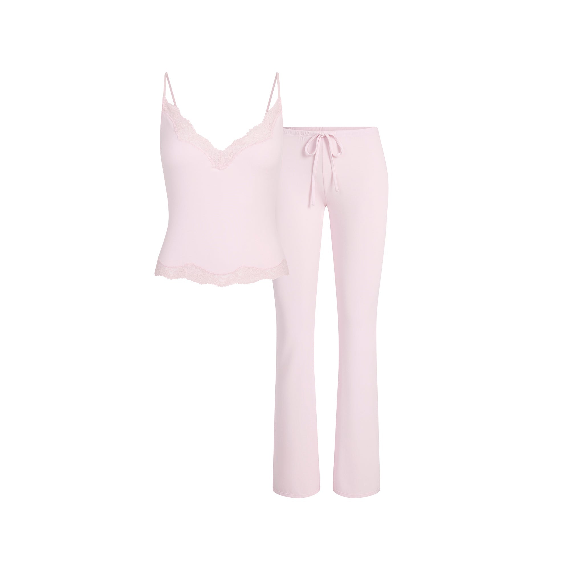 SKIMS SLEEP LACE CAMI AND PANT SET | BLOOM FLAT ON A WHITE BACKGROUND | FLT