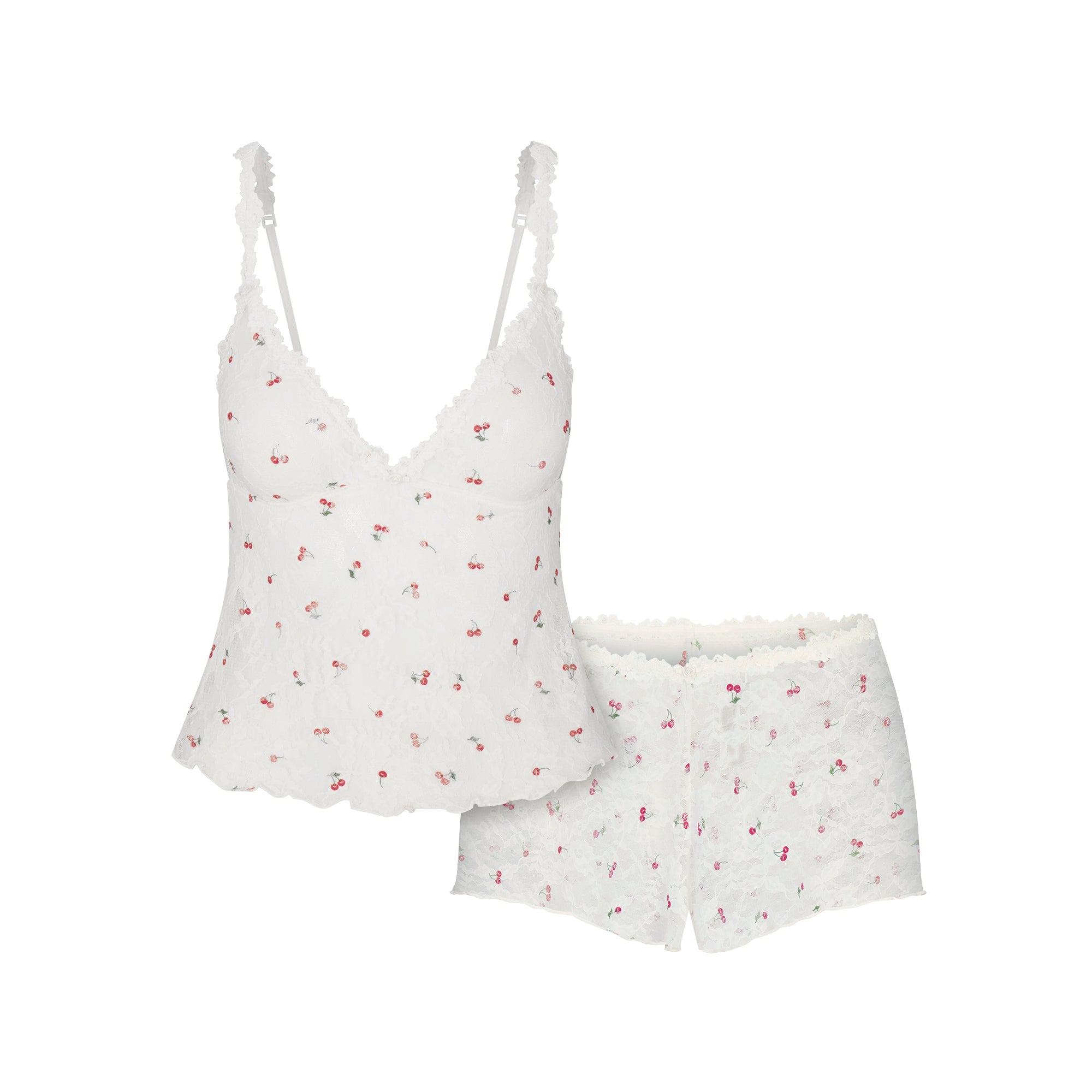 STRETCH LACE TRIANGLE CAMI AND SHORT SET | IVORY CHERRY PRINT FLAT ON A WHITE BACKGROUND | FLT