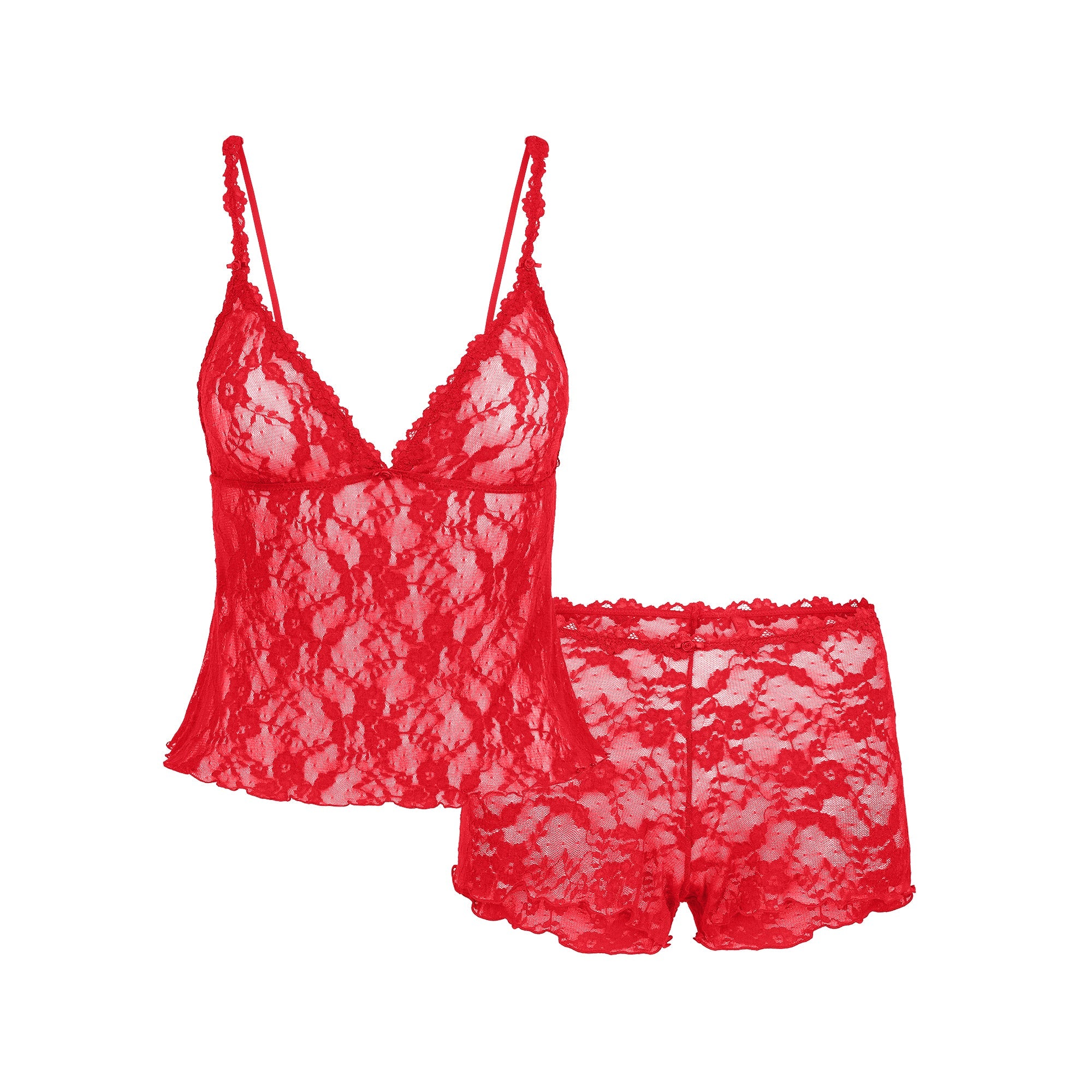 STRETCH LACE TRIANGLE CAMI AND SHORT SET | RED FLAT ON A WHITE BACKGROUND | FLT