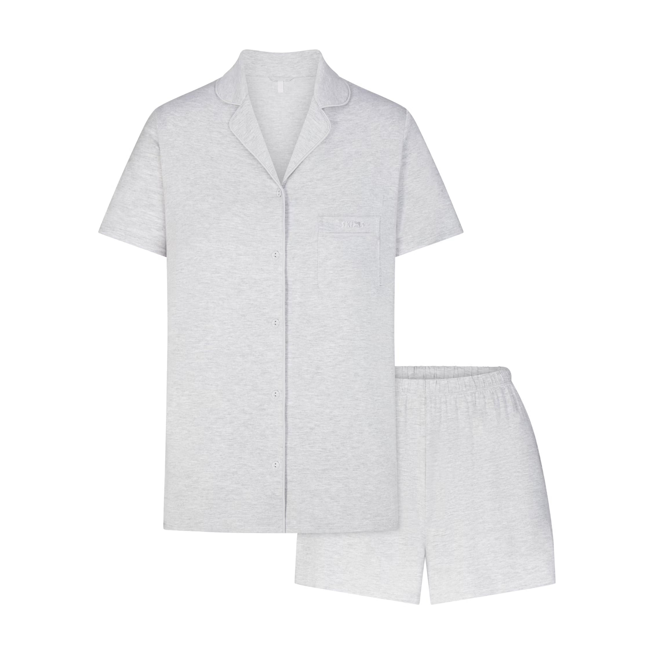 SKIMS SLEEP SHORT SLEEVE BUTTON UP SET | LIGHT HEATHER GREY