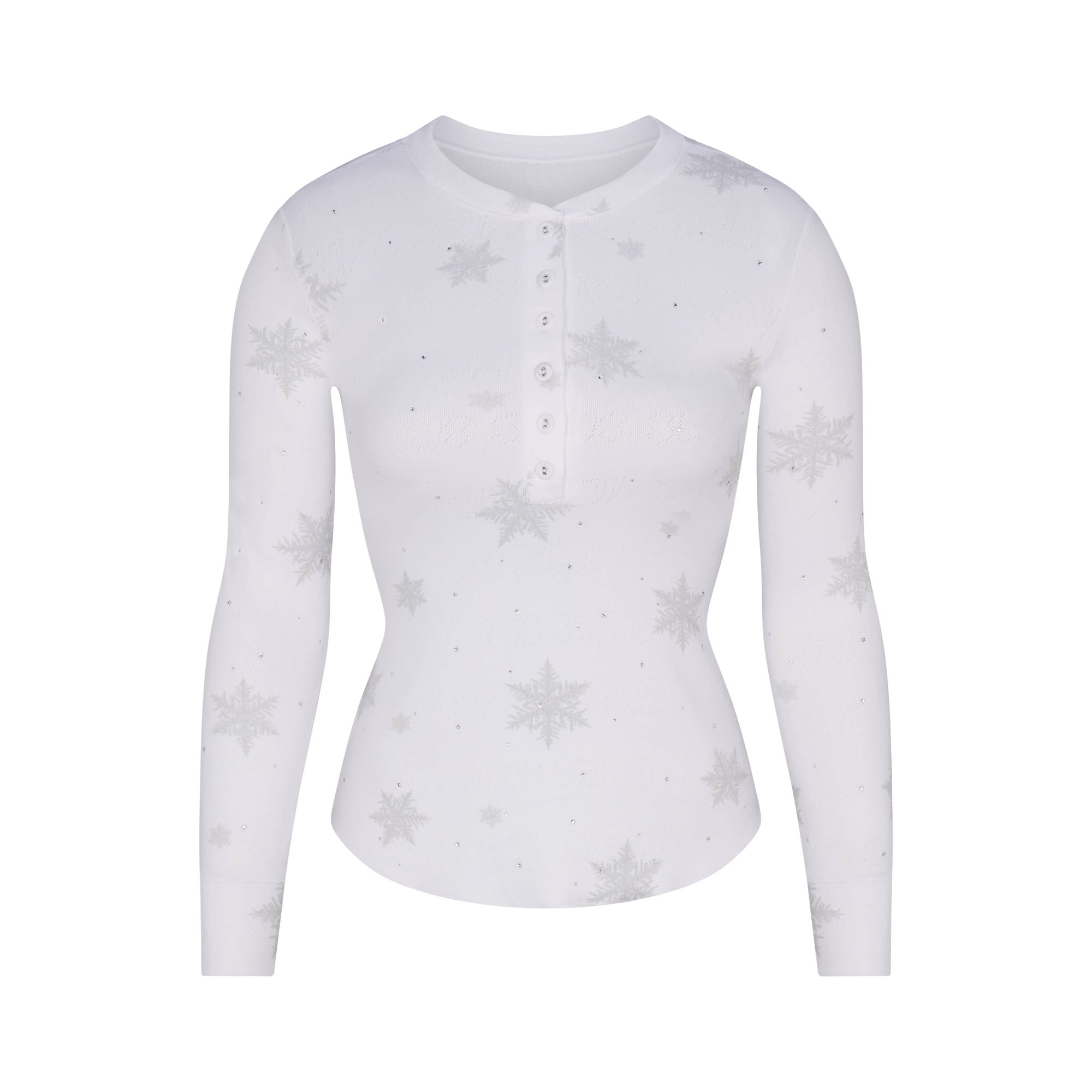 LOGO PLUSH POINTELLE RHINESTONE HENLEY SET | SNOW RHINESTONE PRINT FLAT ON A WHITE BACKGROUND | FLT