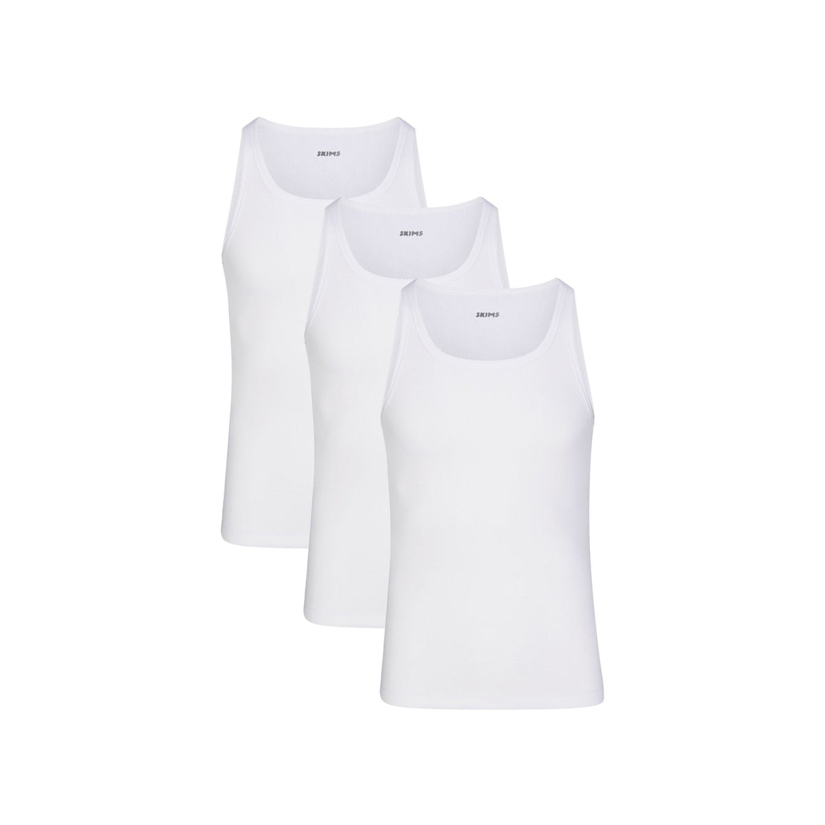 SKIMS COTTON MENS RIB TANK 3-PACK LAYS FLAT ON A WHITE BACKGROUND | FLT | FOCUS: 0.0, 1.0, 0.9