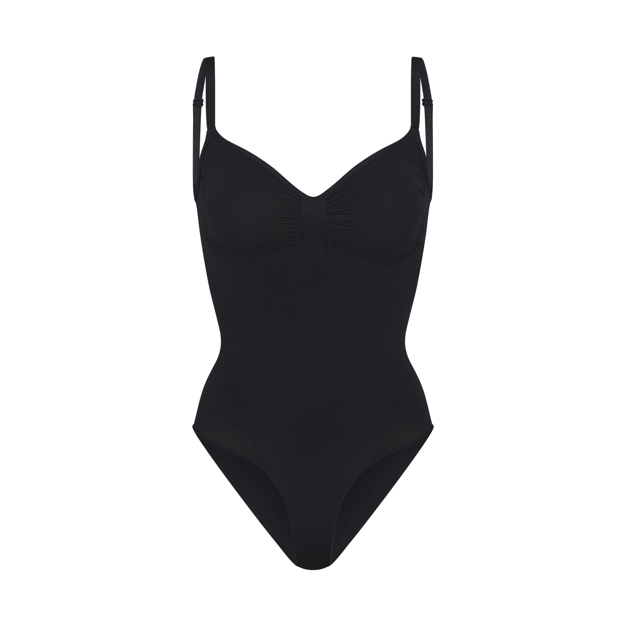 SEAMLESS SCULPT BRIEF BODYSUIT | ONYX (SHAPEWEAR BODYSUITS) LAYS FLAT ON A WHITE BACKGROUND | FLT | FLT