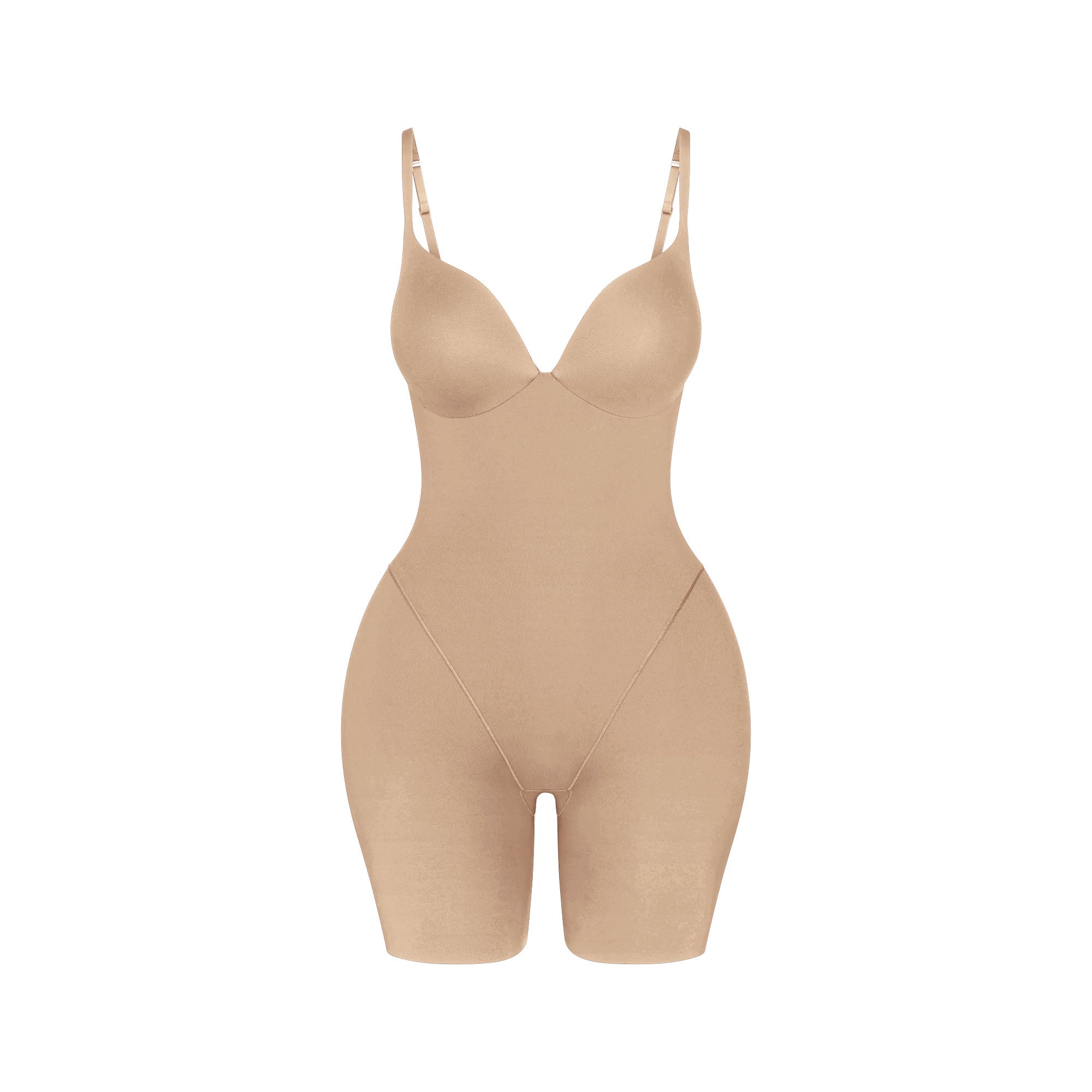 SKIMS ULTIMATE BODY BUTT AND HIP ENHANCING MID THIGH BODYSUIT | CLAY FLAT ON A WHITE BACKGROUND | FLT