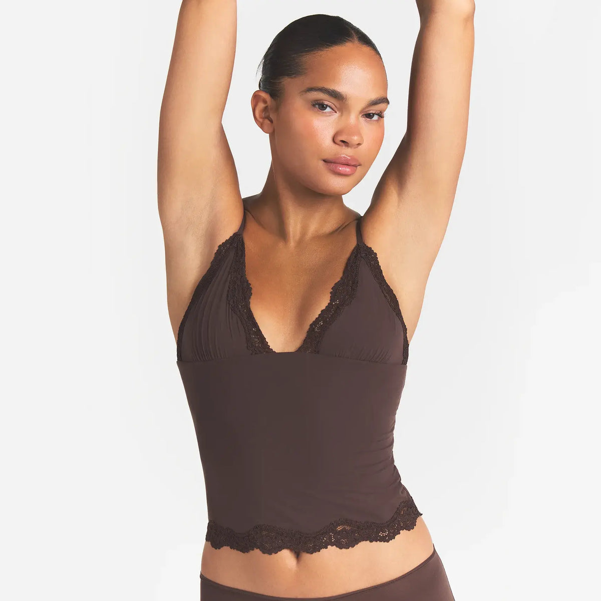 FITS EVERYBODY LACE TRIANGLE CAMI AND BOY SHORT SET | ESPRESSO ON A MODEL FRONT VIEW | FOCUS: 0.0, 1.0, 0.9