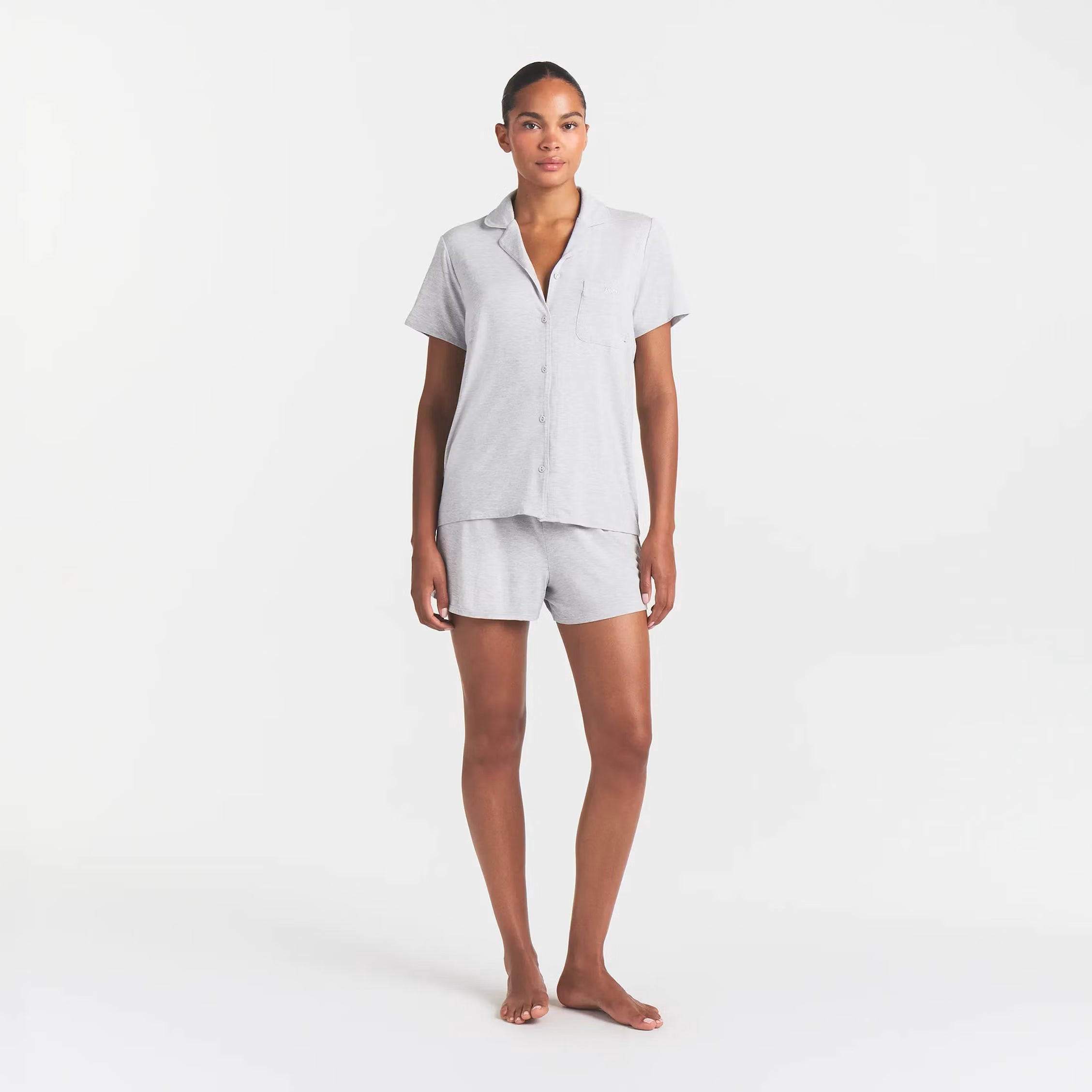 SKIMS SLEEP SHORT SLEEVE BUTTON UP SET | LIGHT HEATHER GREY