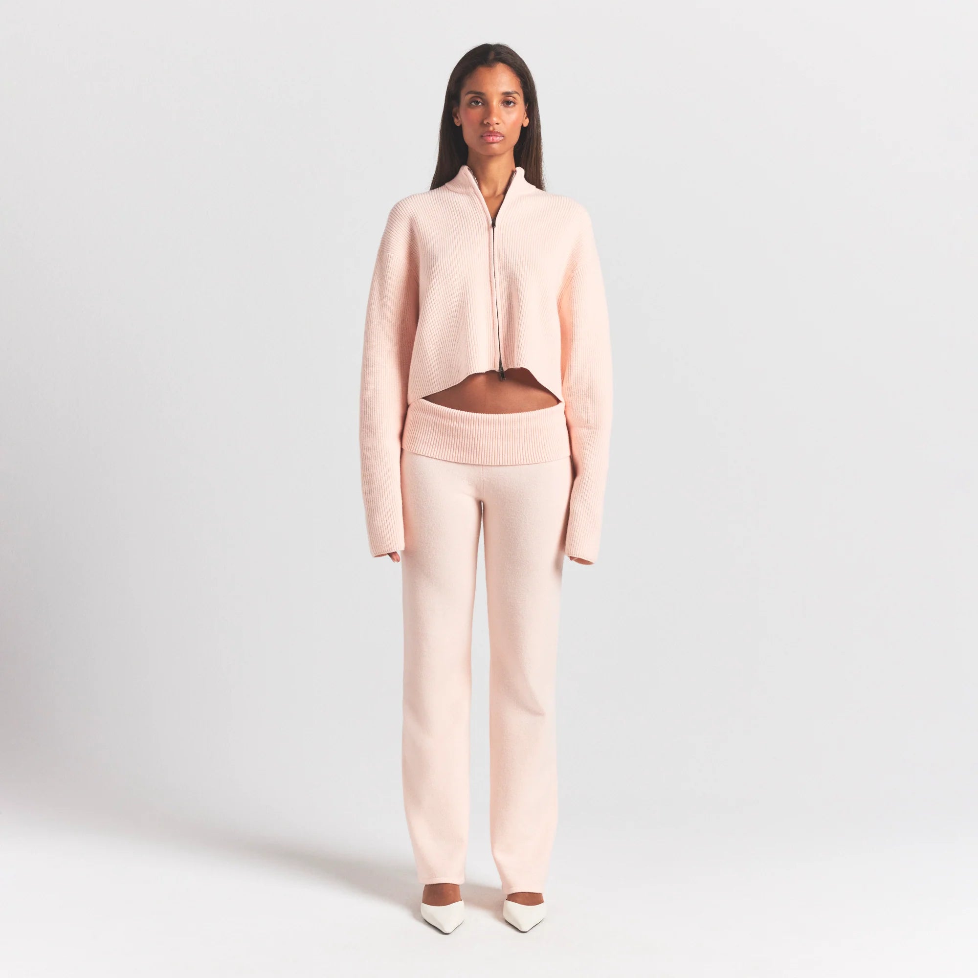 SWEATER KNITS MOCK NECK ZIP UP | PRIMROSE ON A MODEL FRONT VIEW @ | FOCUS: 0.0, 1.0, 0.9