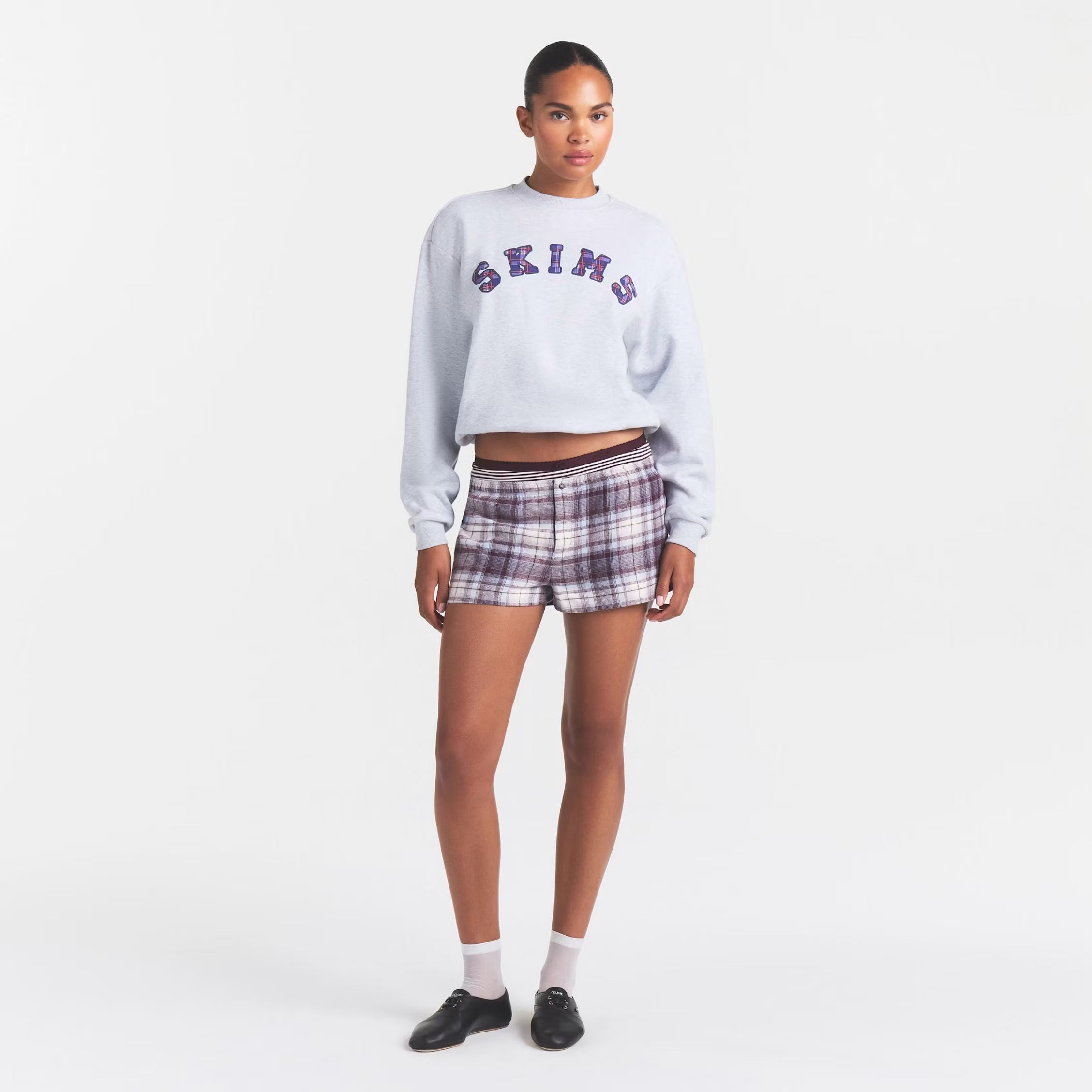 COTTON FLEECE CLASSIC CREWNECK | LIGHT HEATHER GREY ARCHED SKIMS PLAID