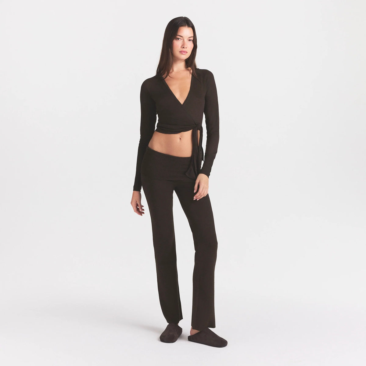ESSENTIAL KNIT WRAP SWEATER | ESPRESSO & LAYS FLAT ON A WHITE BACKGROUND | FLT