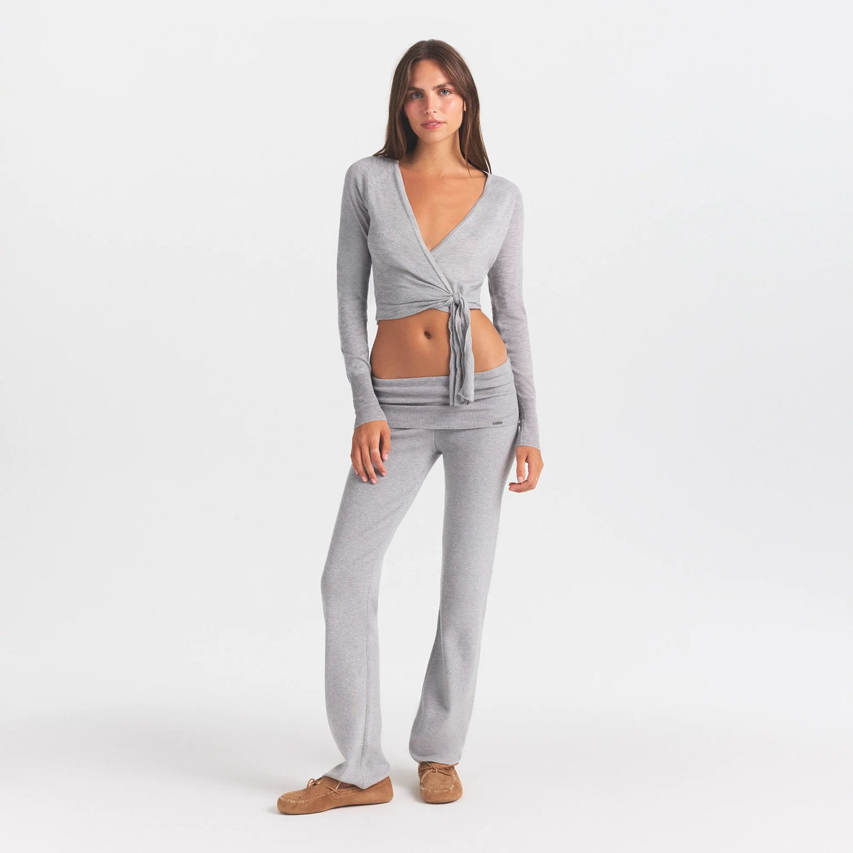 ESSENTIAL KNIT WRAP SWEATER | MID HEATHER GREY & LAYS FLAT ON A WHITE BACKGROUND | FLT